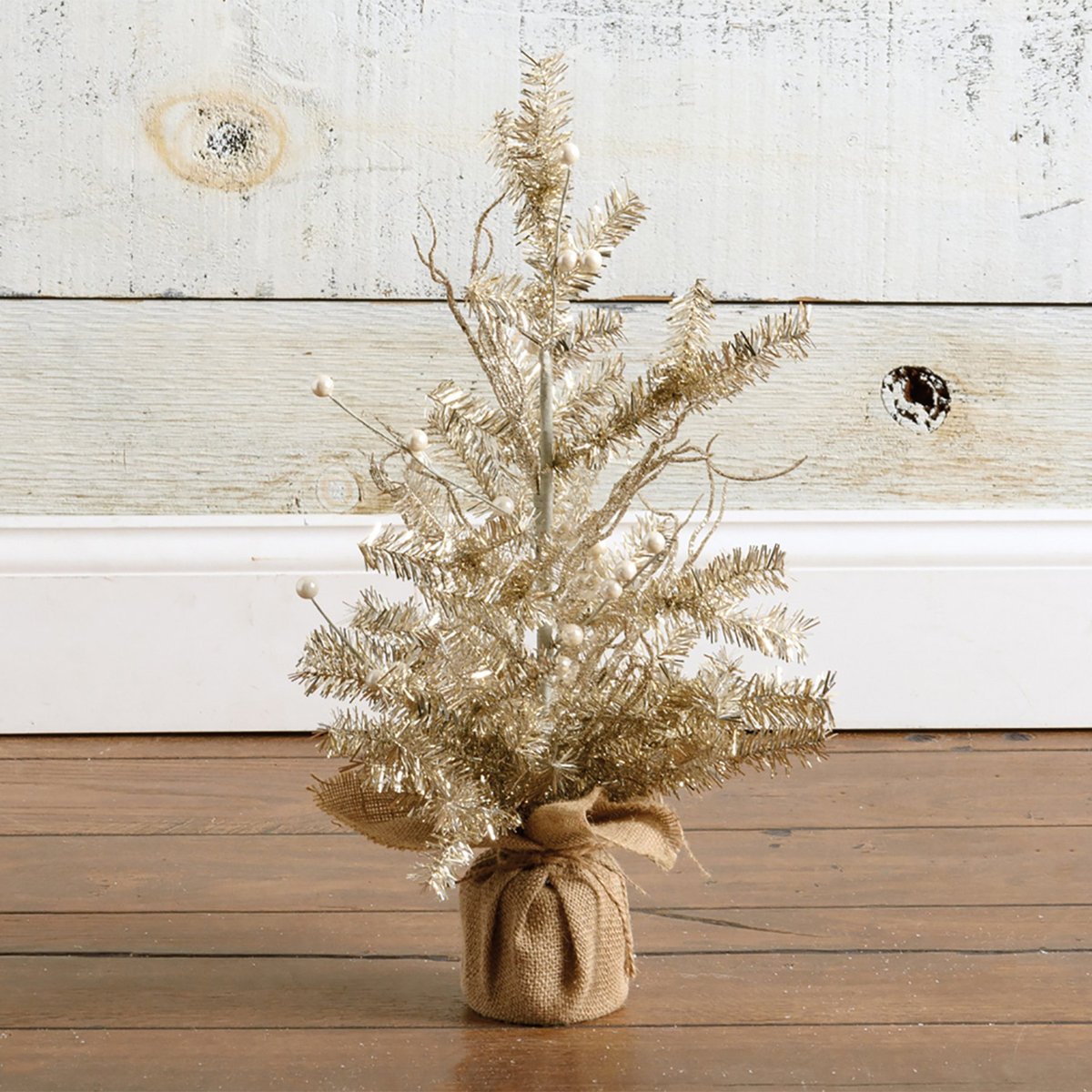 Charming Small Gold Champagne Tinsel Christmas Tree with Rustic Burlap Base