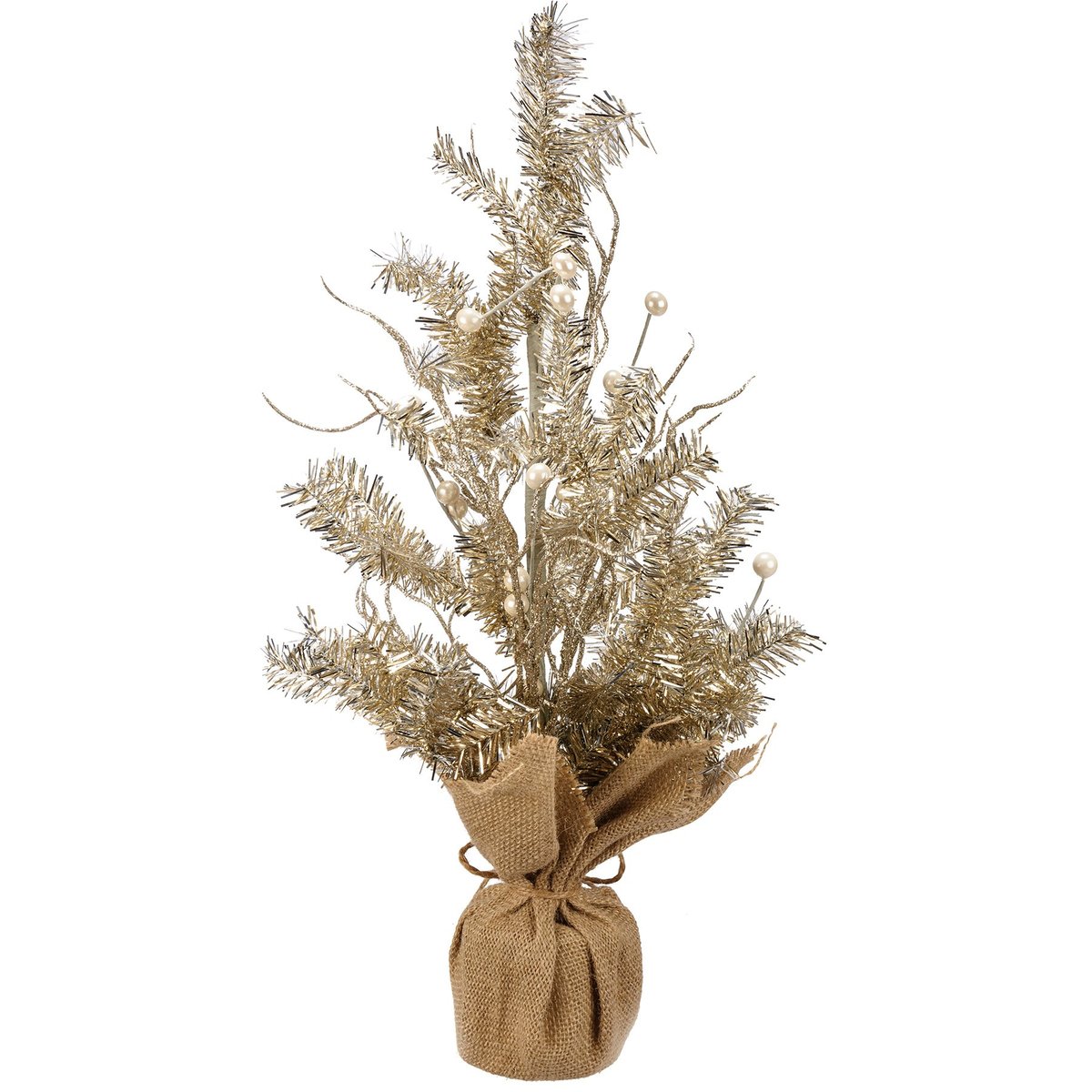 Charming Small Gold Champagne Tinsel Christmas Tree with Rustic Burlap Base