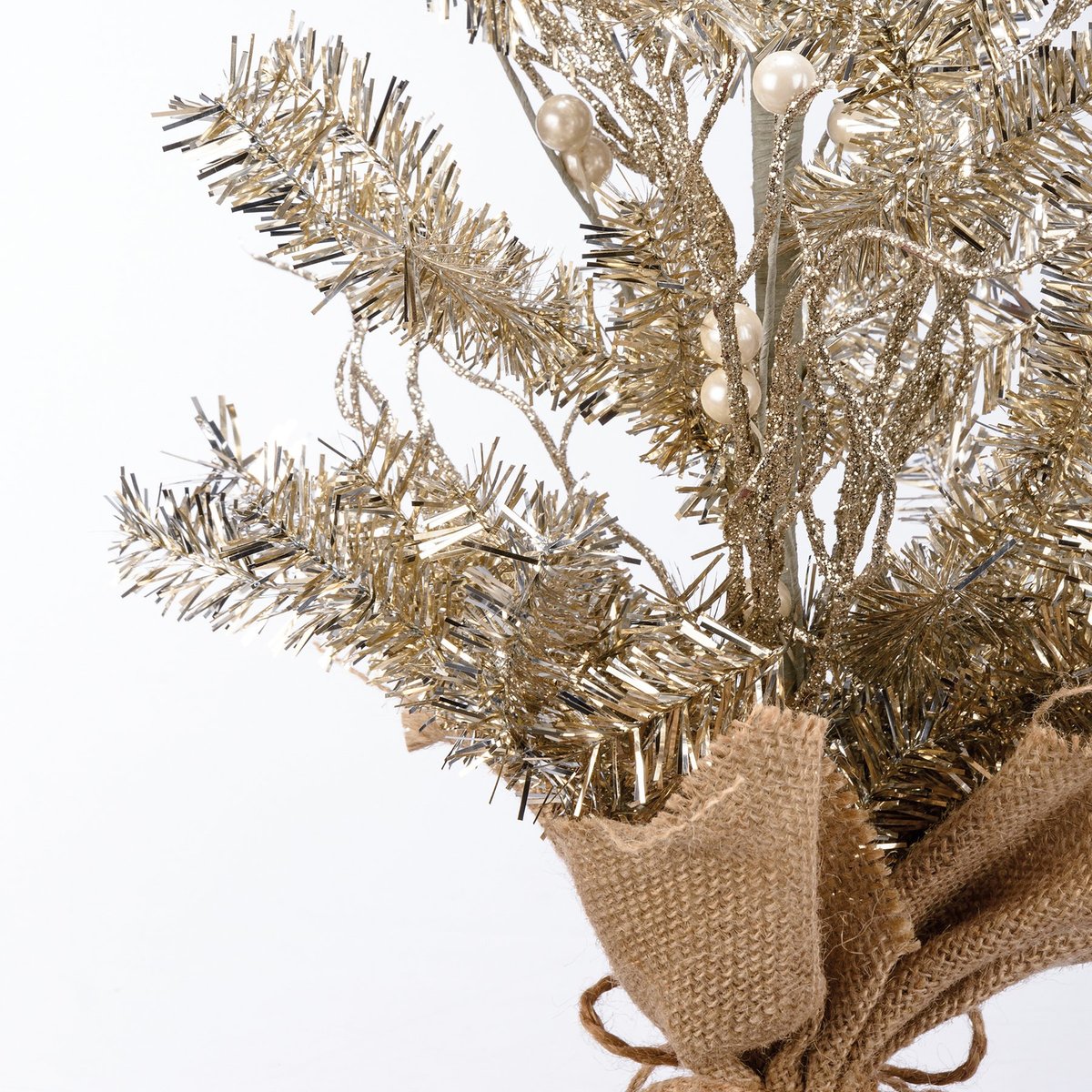 Charming Small Gold Champagne Tinsel Christmas Tree with Rustic Burlap Base