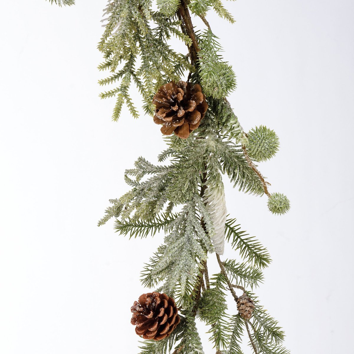 Sparkling Winter Wonderland: 63-Inch Mixed Evergreen Garland with Glittery Pinecones