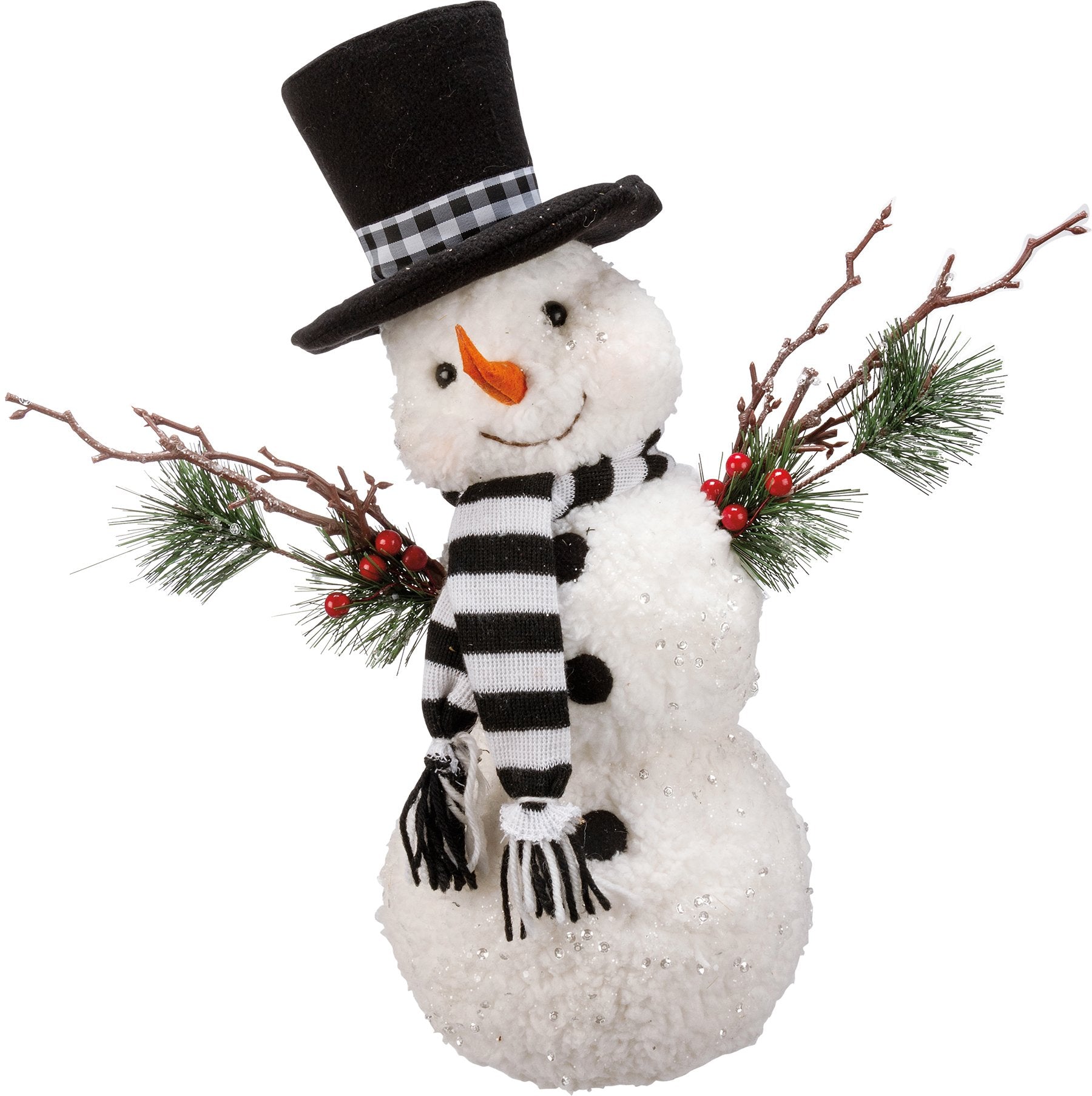 Charming Felt Happy Snowman Critter: Buffalo Check Hat, Twig Arms, Snowy Sparkle