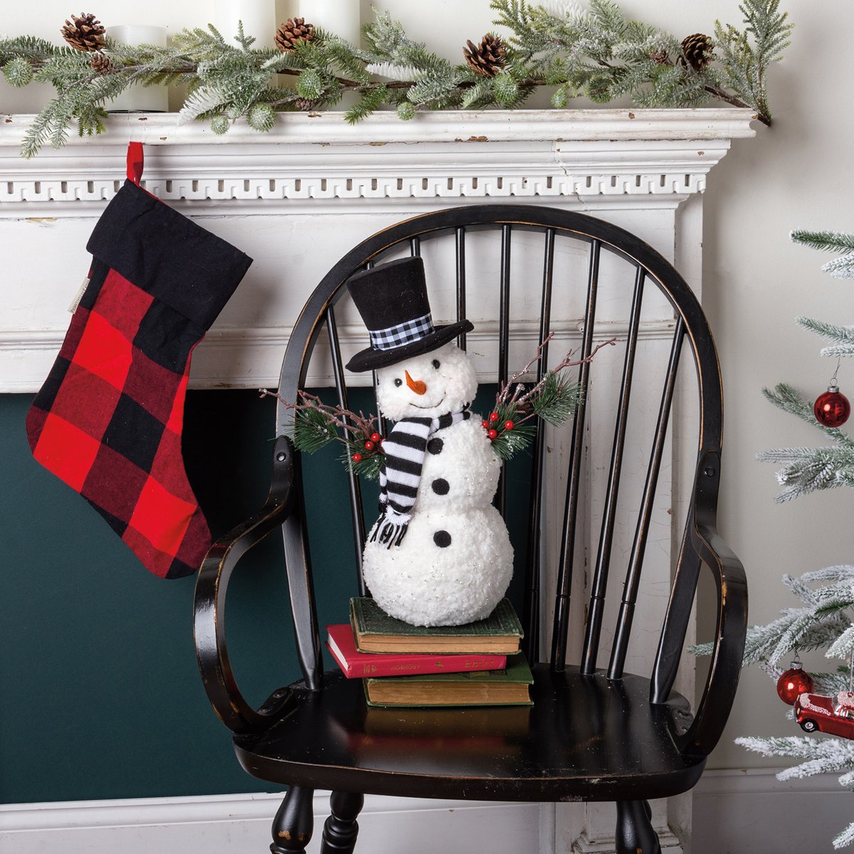 Charming Felt Happy Snowman Critter: Buffalo Check Hat, Twig Arms, Snowy Sparkle