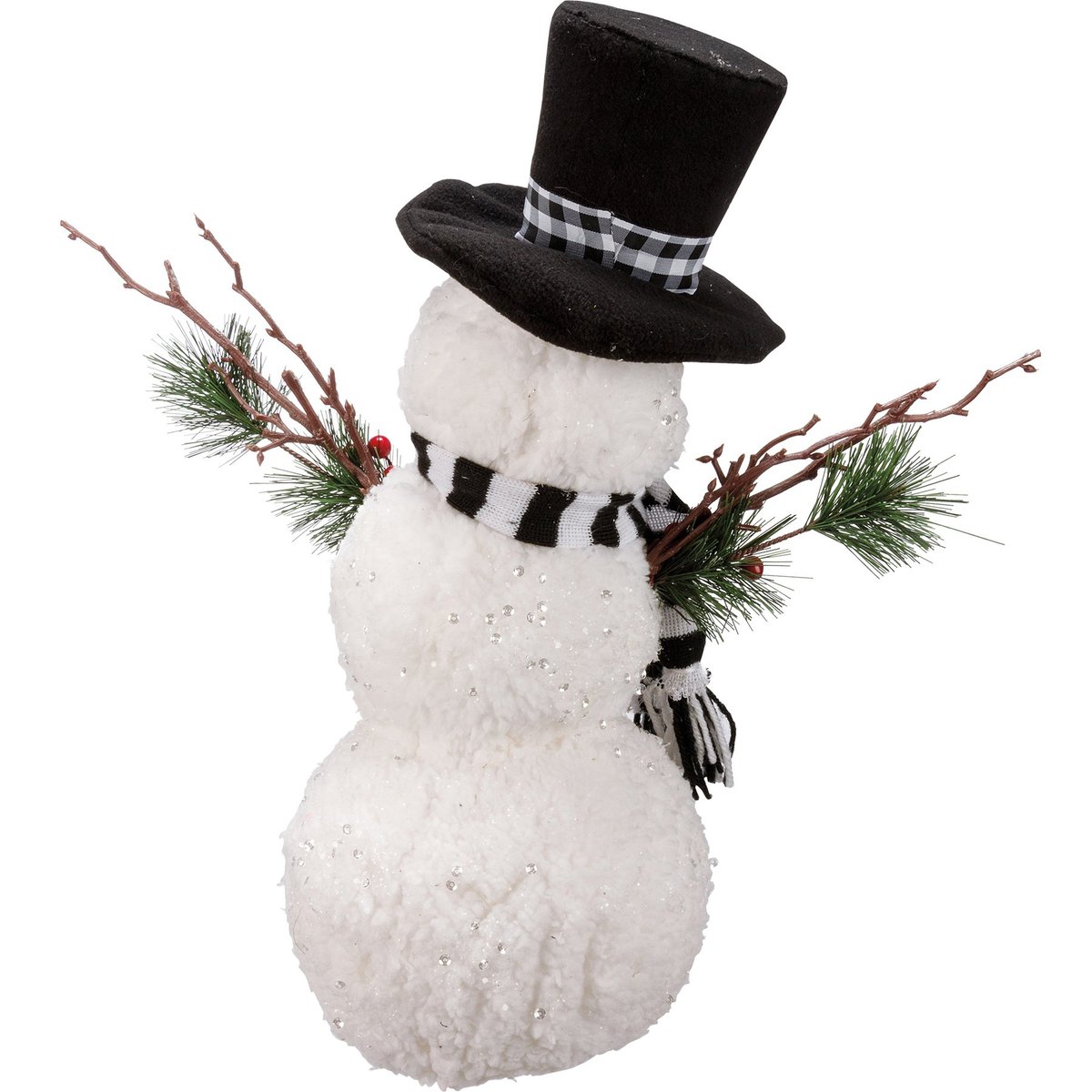 Charming Felt Happy Snowman Critter: Buffalo Check Hat, Twig Arms, Snowy Sparkle