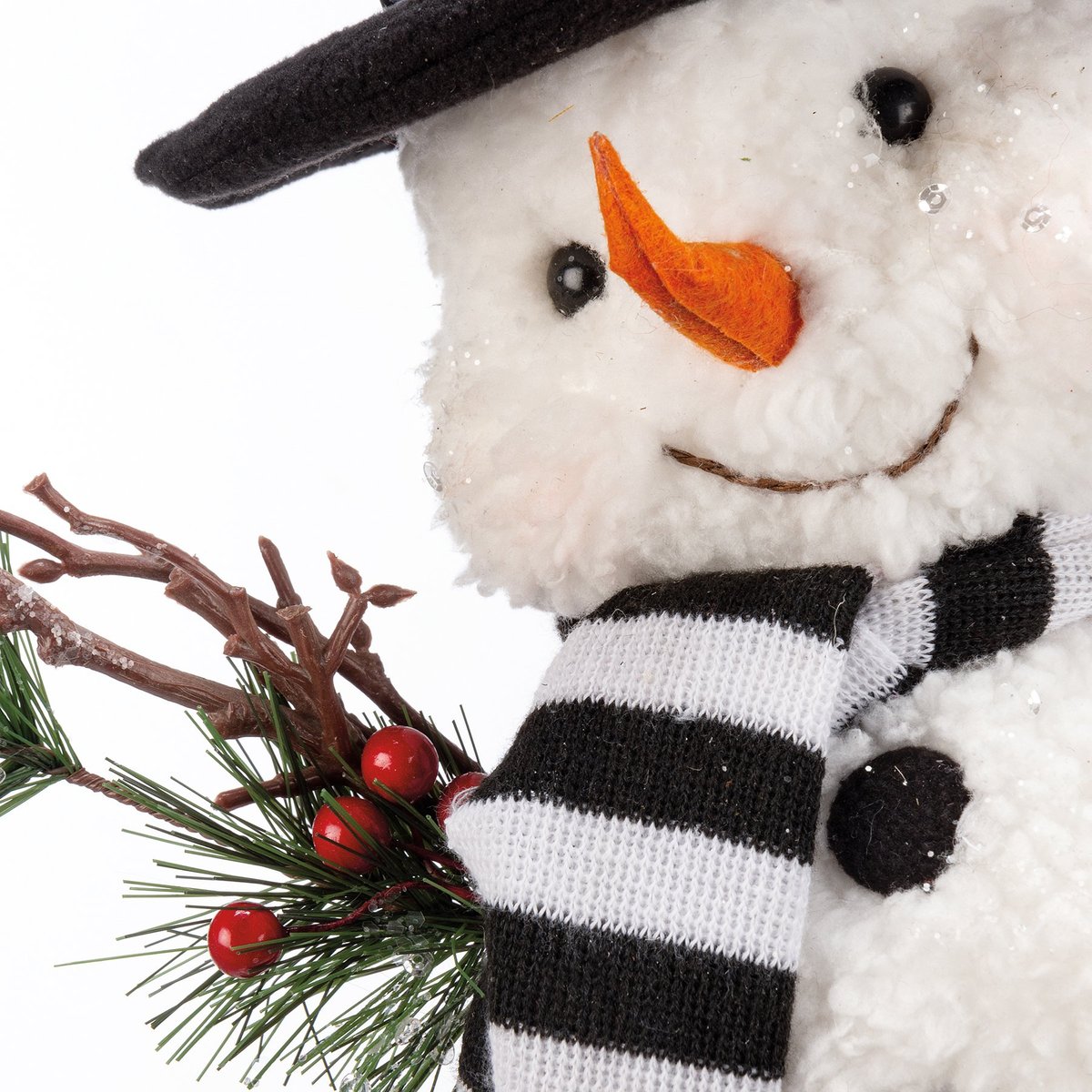 Charming Felt Happy Snowman Critter: Buffalo Check Hat, Twig Arms, Snowy Sparkle