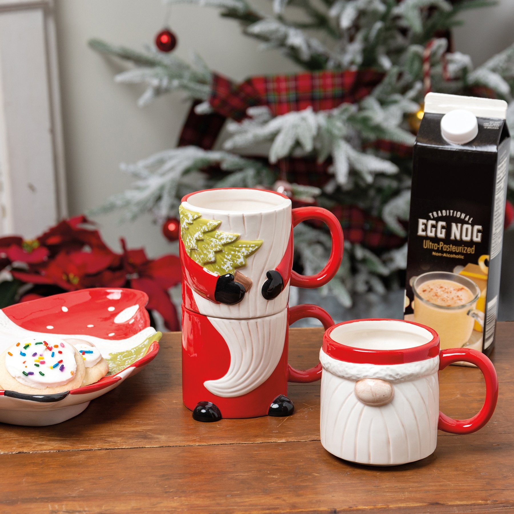 Festive Stacking Santa Gnome Ceramic Mug Set - 3 Piece Holiday Drinkware