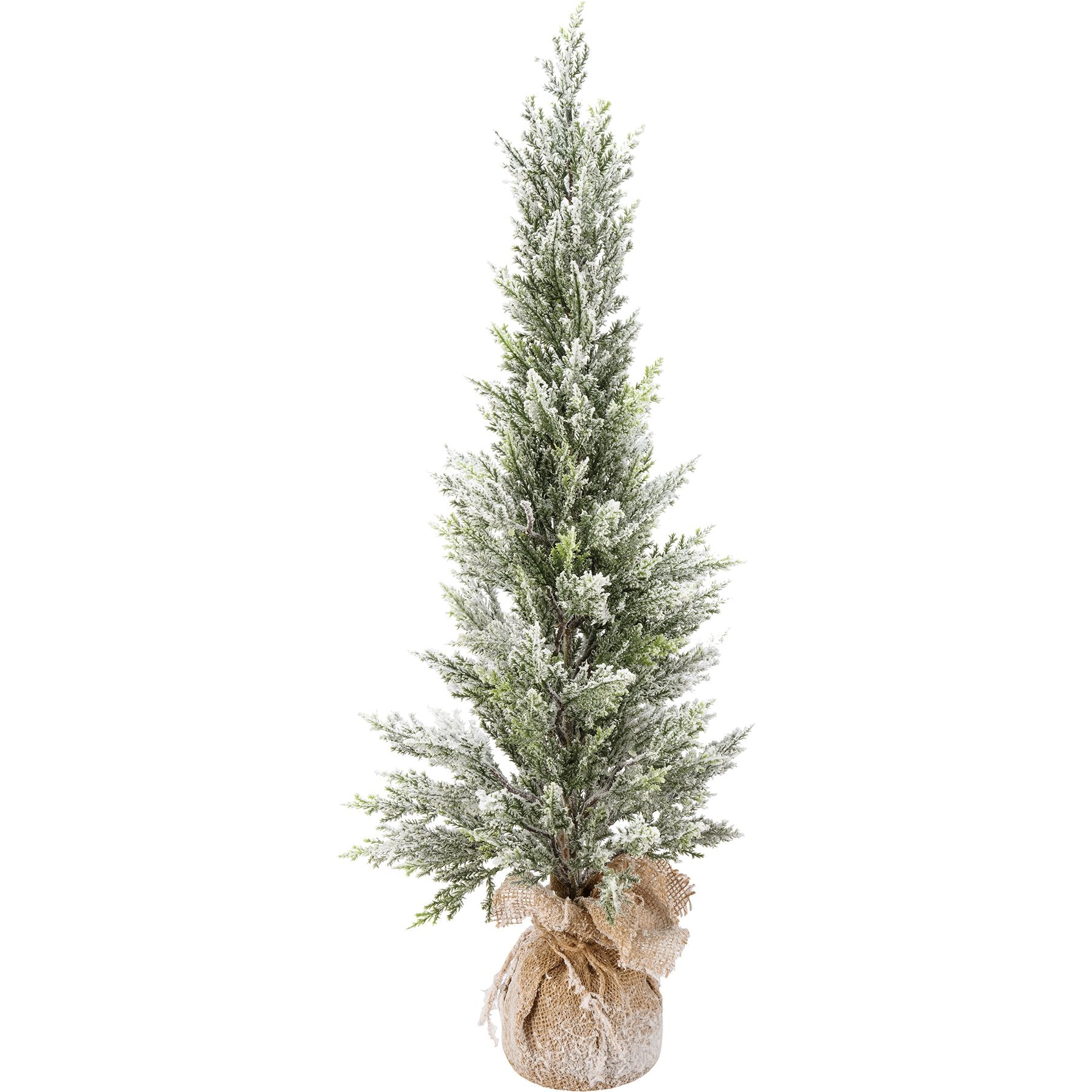 Tall Flocked Faux Snowy Christmas Topiary Tree with Rustic Burlap Base