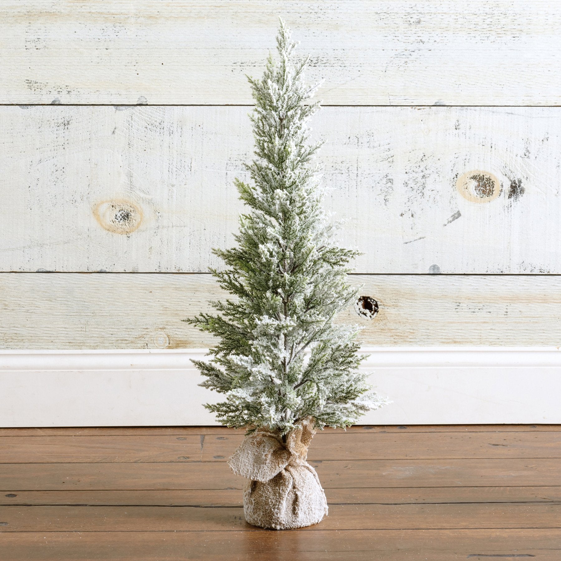 Tall Flocked Faux Snowy Christmas Topiary Tree with Rustic Burlap Base