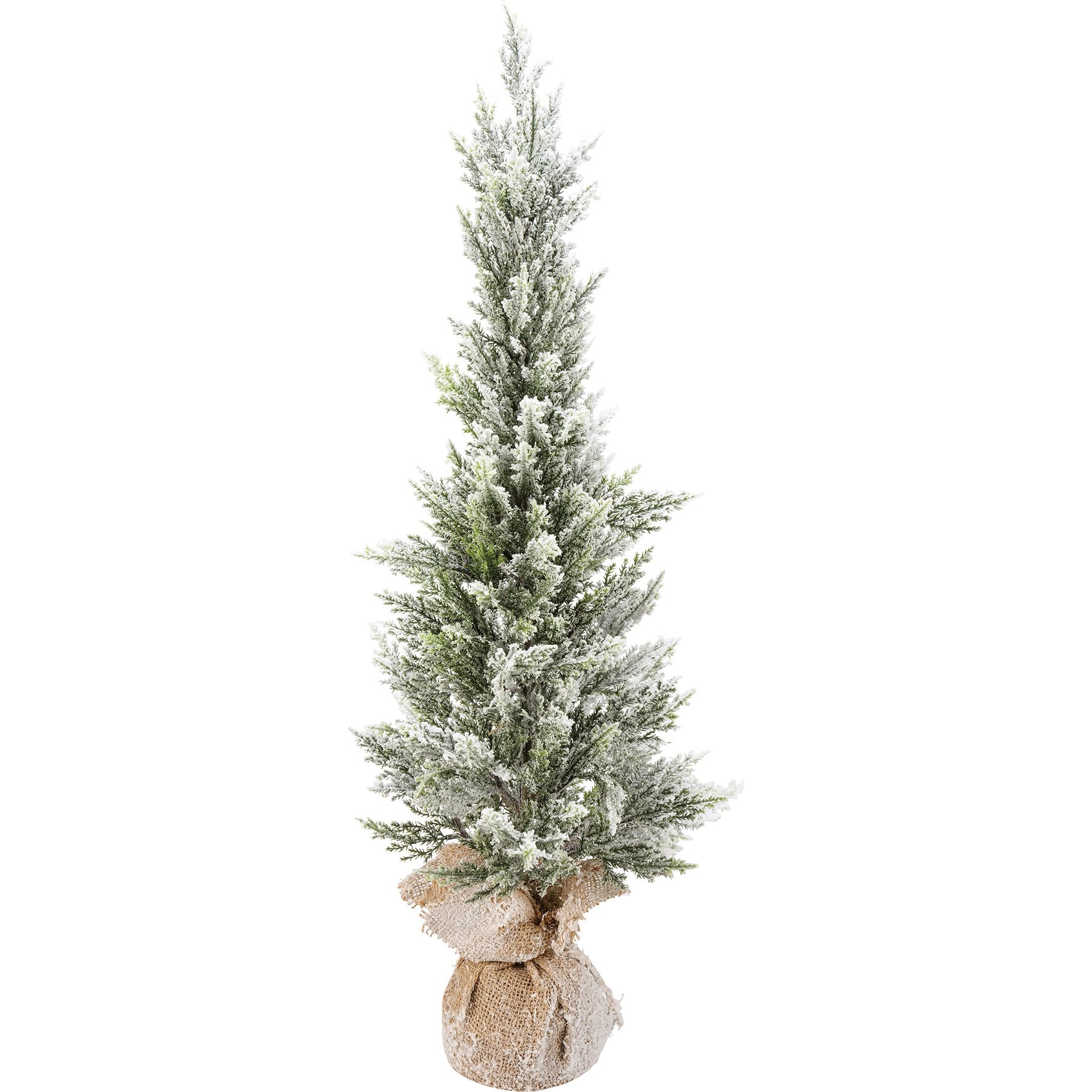 Tall Flocked Faux Snowy Christmas Topiary Tree with Rustic Burlap Base