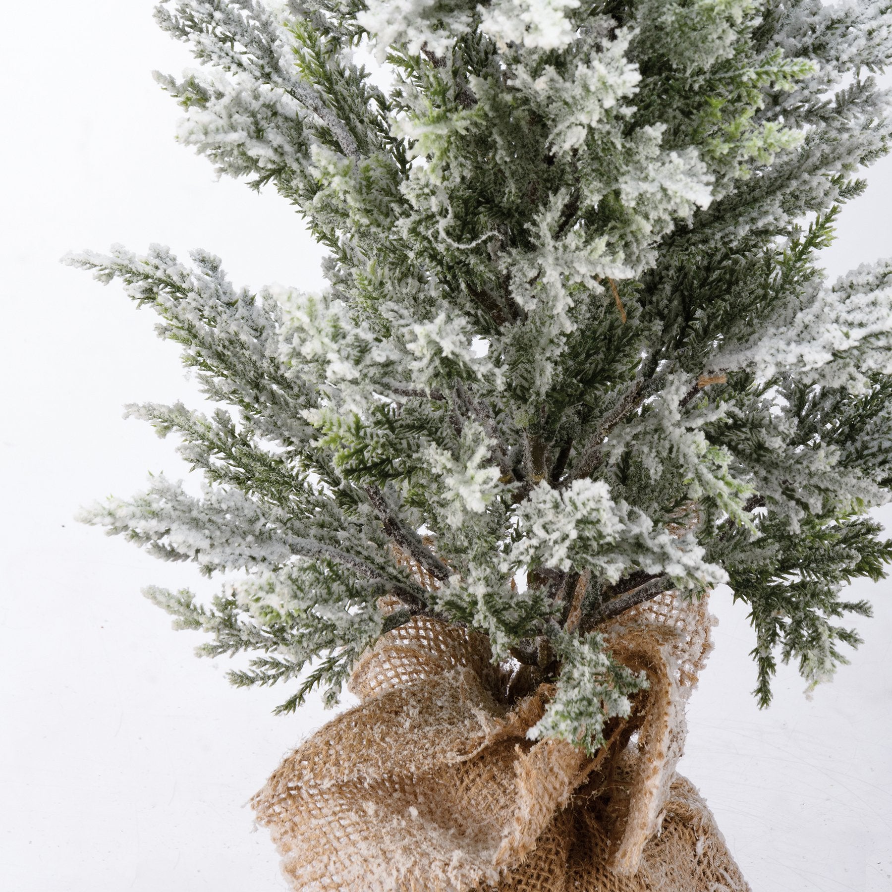 Tall Flocked Faux Snowy Christmas Topiary Tree with Rustic Burlap Base