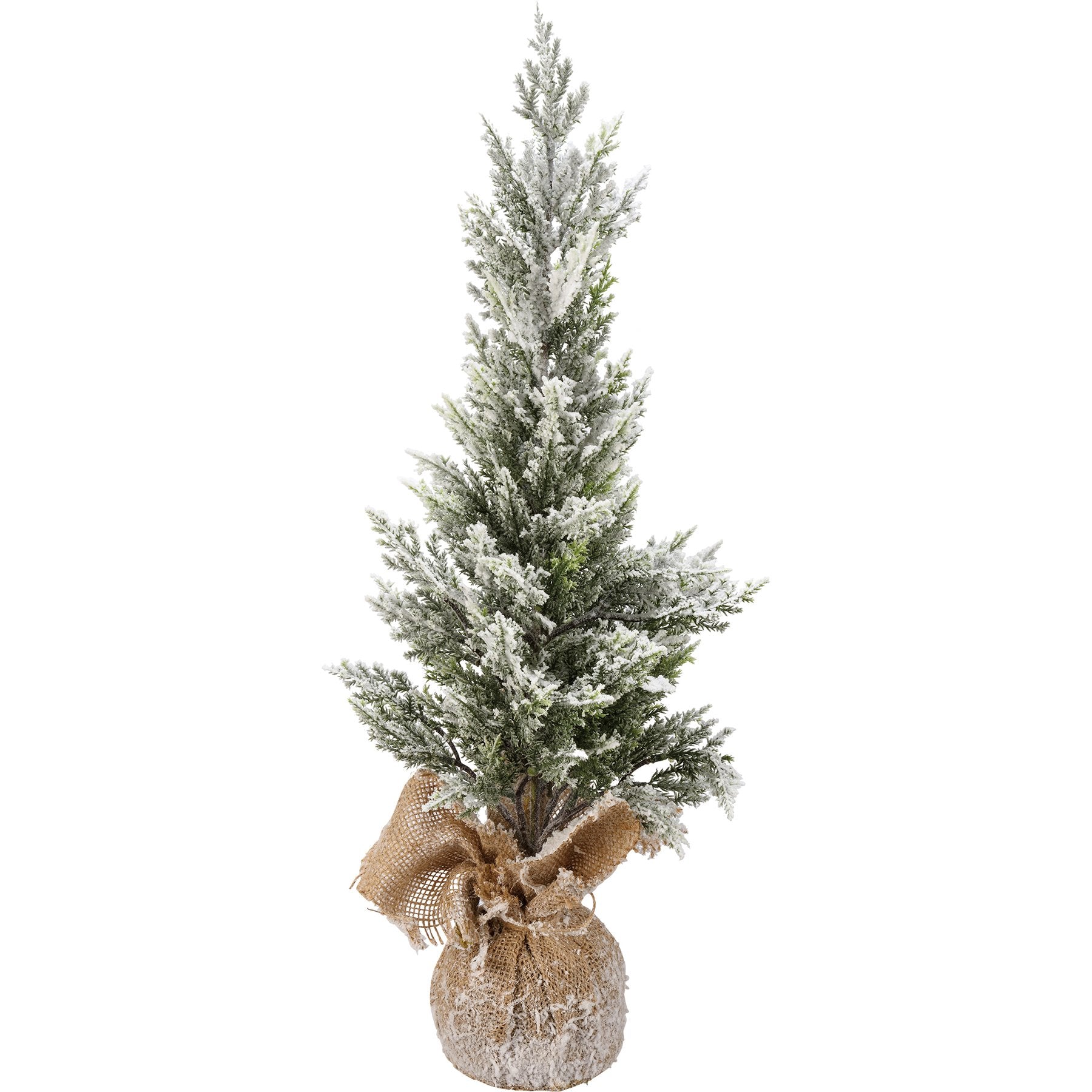 Charming Flocked Snowy Topiary Tree with Rustic Burlap Base, Medium Size