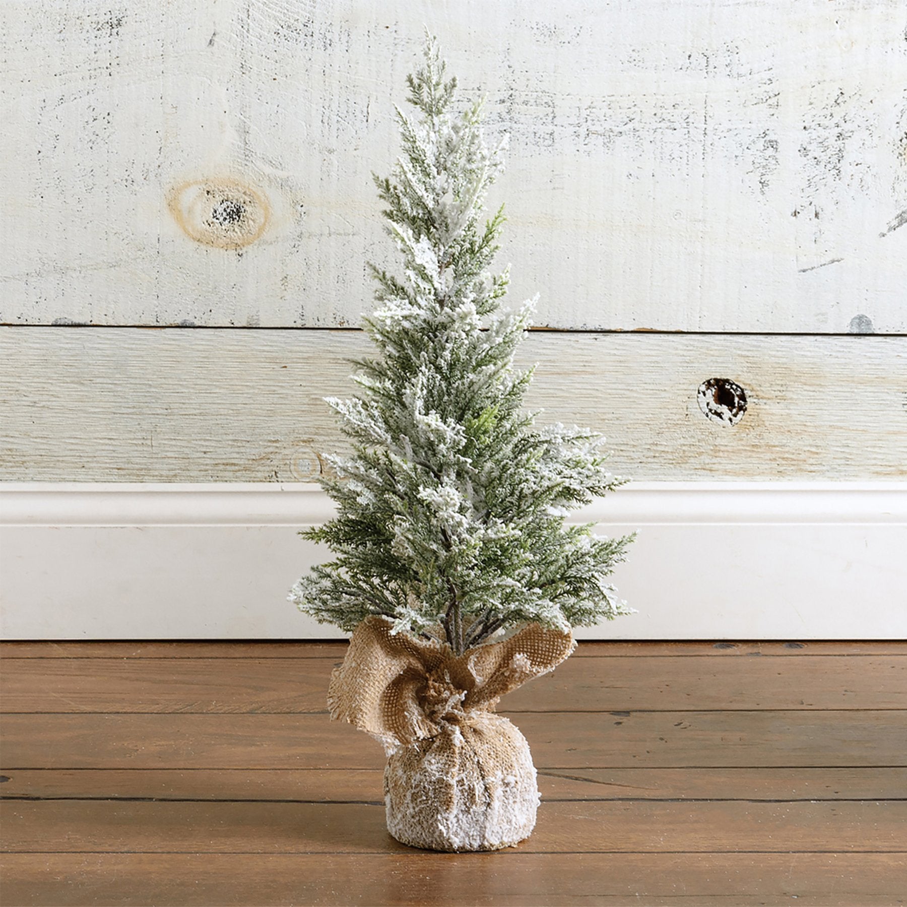 Charming Flocked Snowy Topiary Tree with Rustic Burlap Base, Medium Size