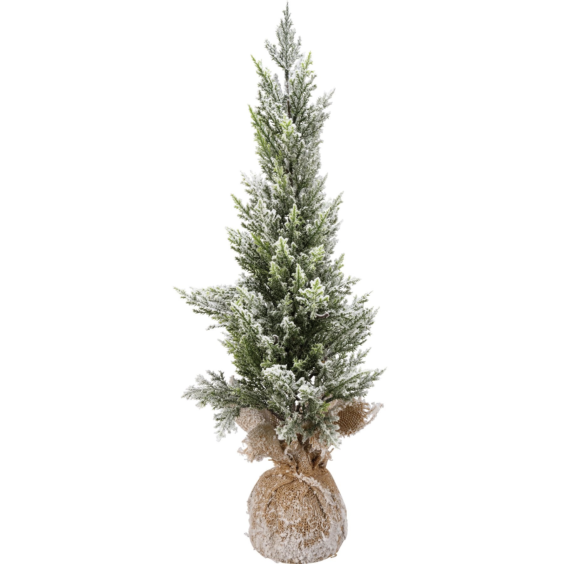 Charming Flocked Snowy Topiary Tree with Rustic Burlap Base, Medium Size
