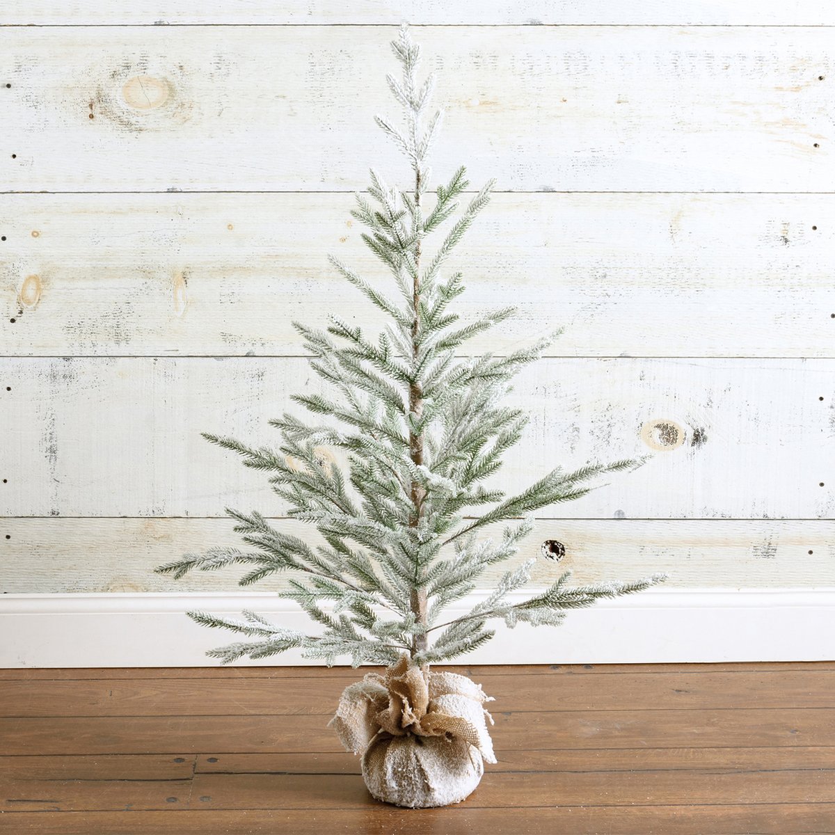 Large Flocked Snowy Pine Artificial Christmas Tree with Rustic Burlap Base