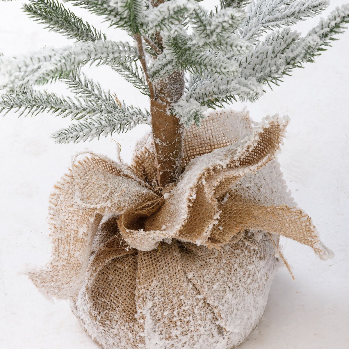 Large Flocked Snowy Pine Artificial Christmas Tree with Rustic Burlap Base