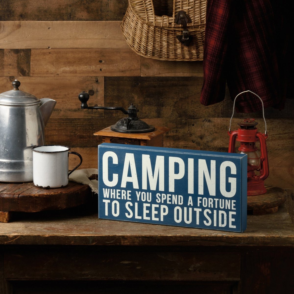 Funny Wooden Camping Box Sign: Fortune to Sleep Outside, Rustic Home Decor Gift