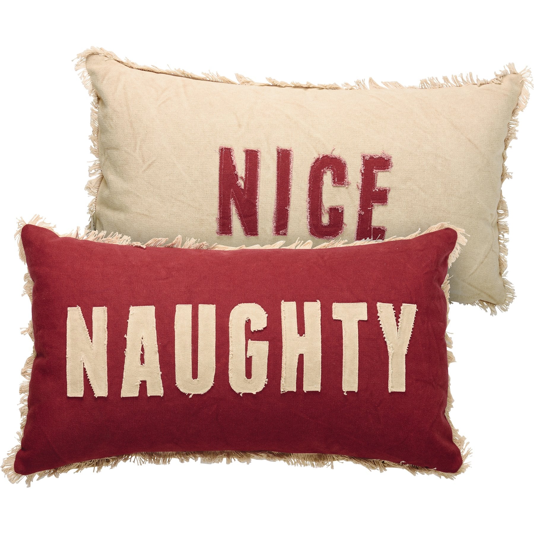 Double-Sided Naughty Nice Holiday Pillow with Fringe Trim and Zipper