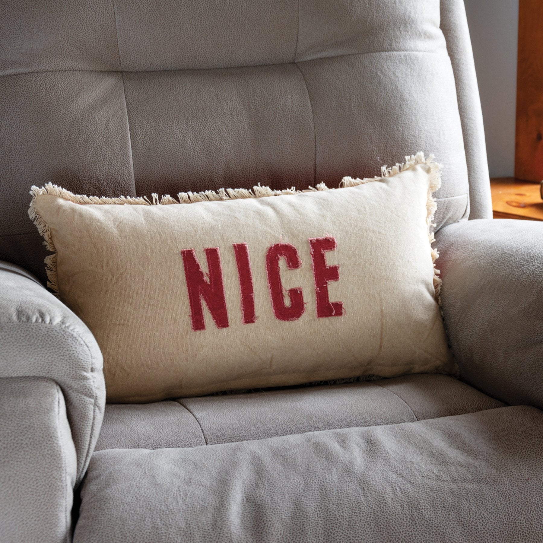Double-Sided Naughty Nice Holiday Pillow with Fringe Trim and Zipper