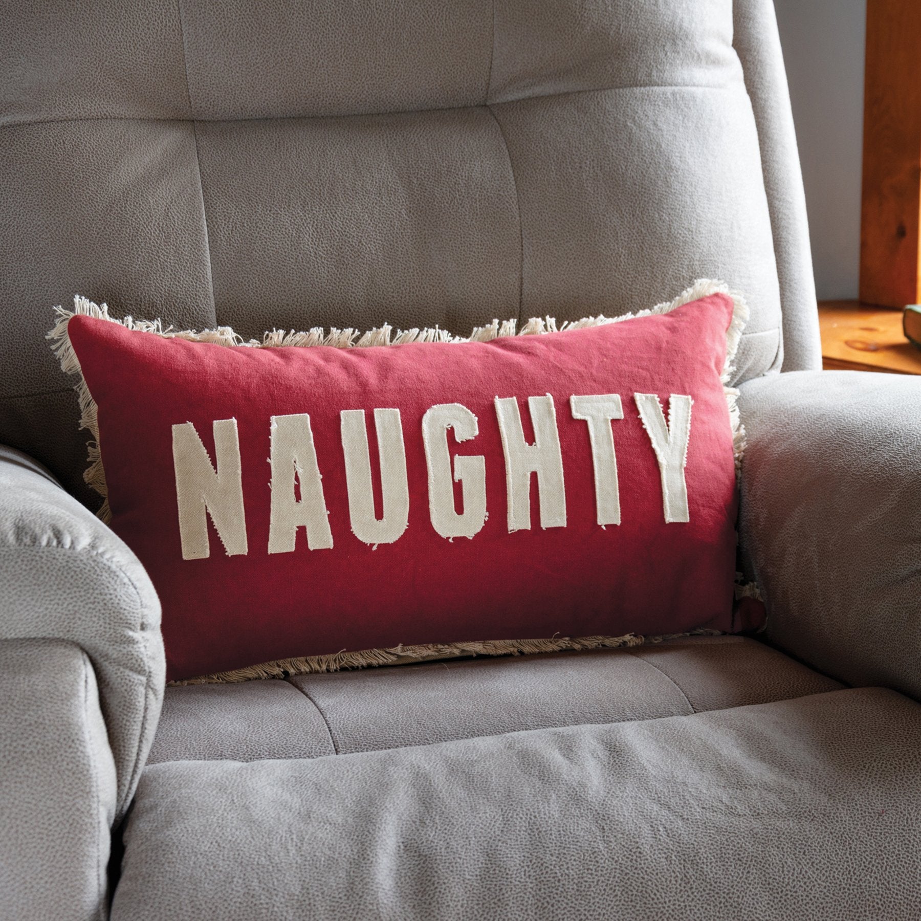 Double-Sided Naughty Nice Holiday Pillow with Fringe Trim and Zipper