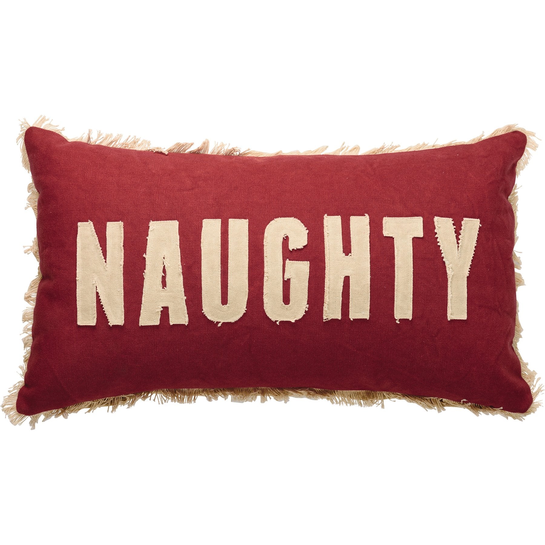 Double-Sided Naughty Nice Holiday Pillow with Fringe Trim and Zipper