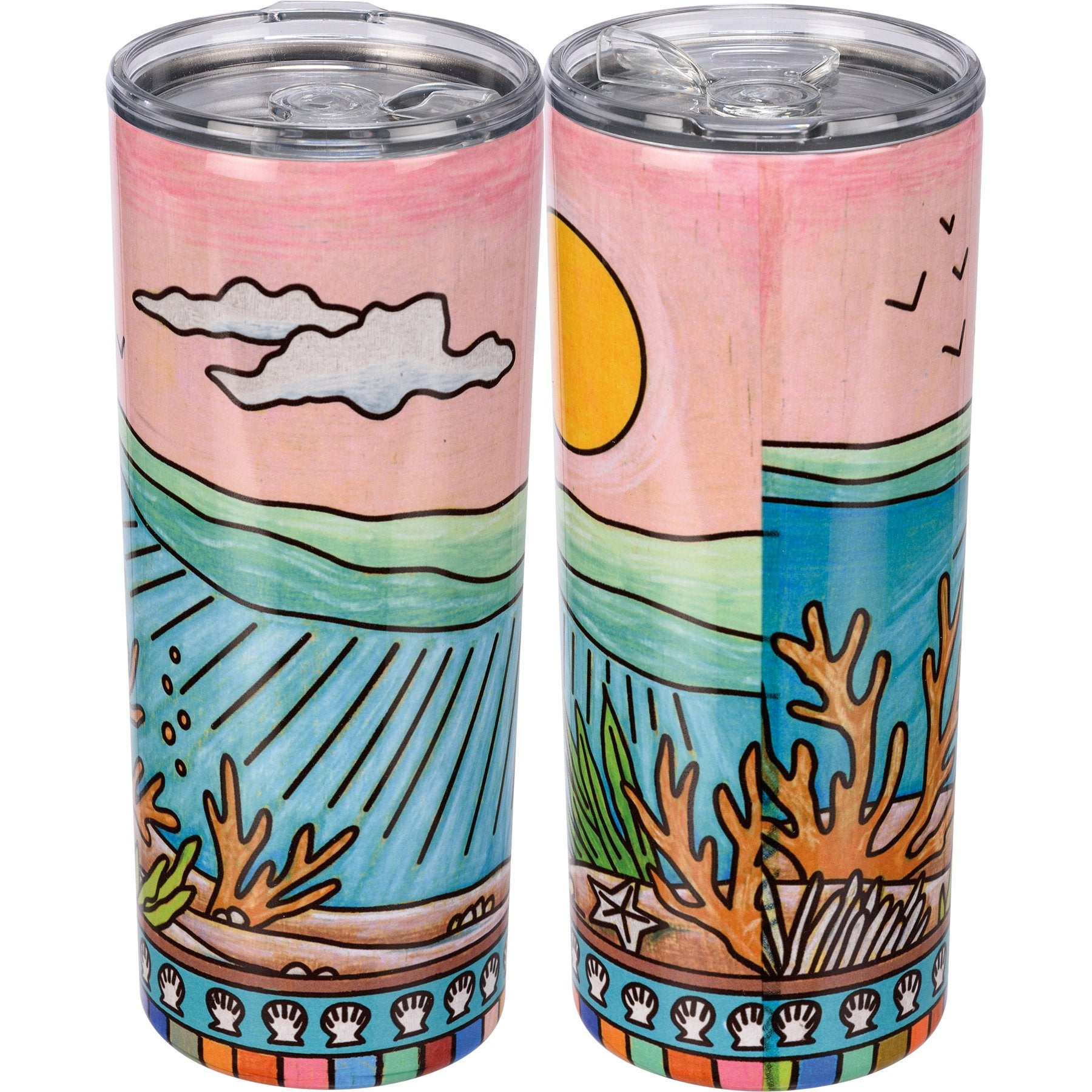 Vibrant Coral Insulated Stainless Steel Coffee Tumbler with Coastal Ocean Design