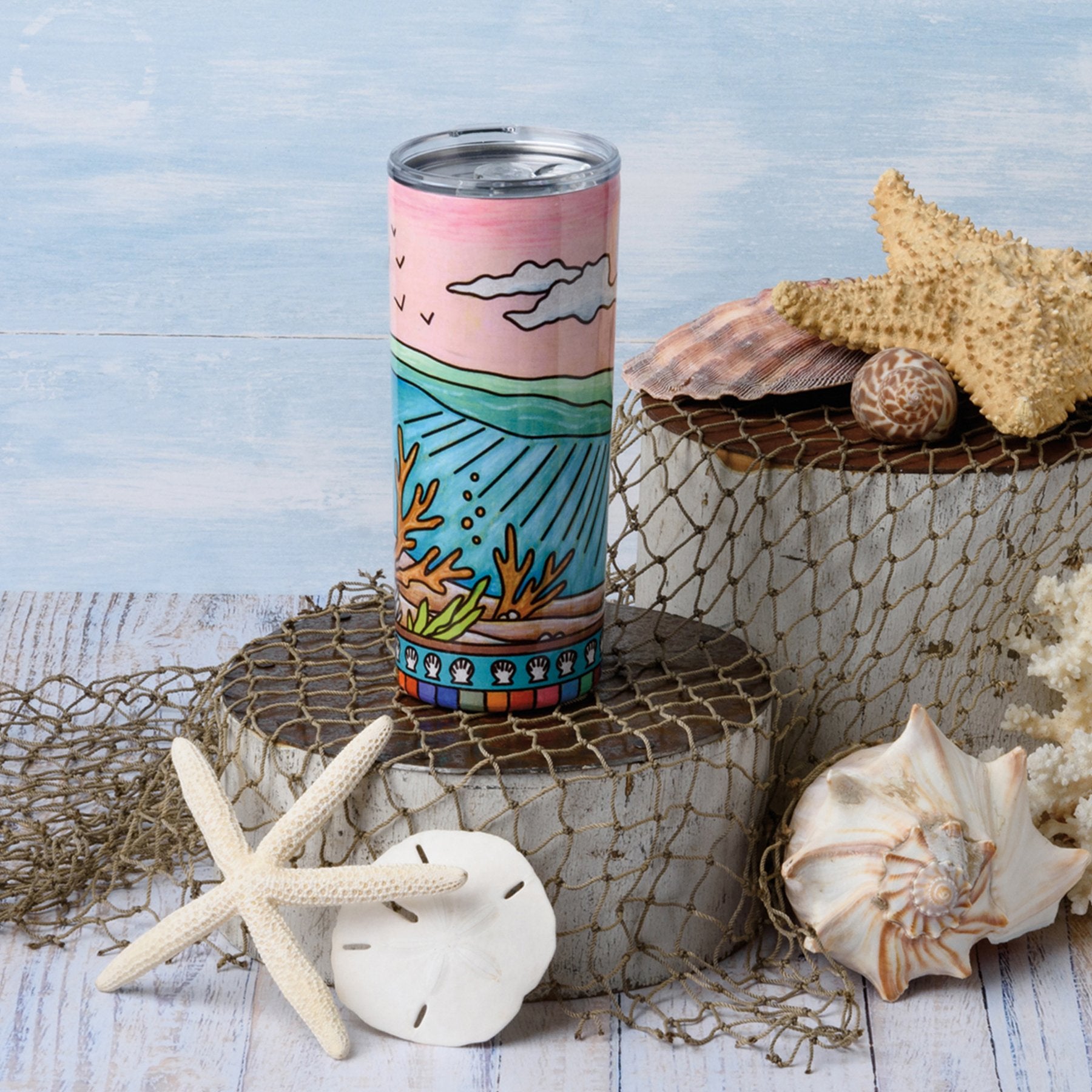 Vibrant Coral Insulated Stainless Steel Coffee Tumbler with Coastal Ocean Design