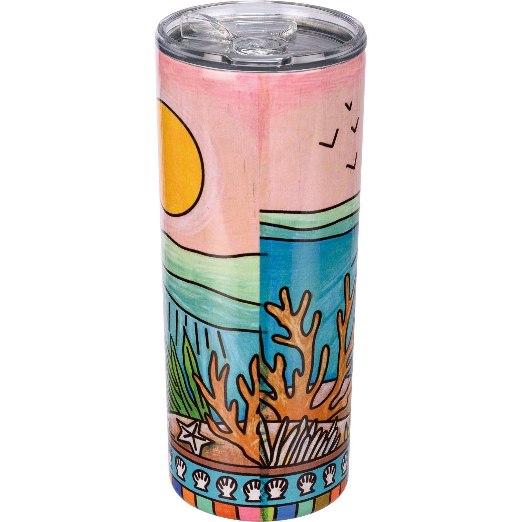 Vibrant Coral Insulated Stainless Steel Coffee Tumbler with Coastal Ocean Design
