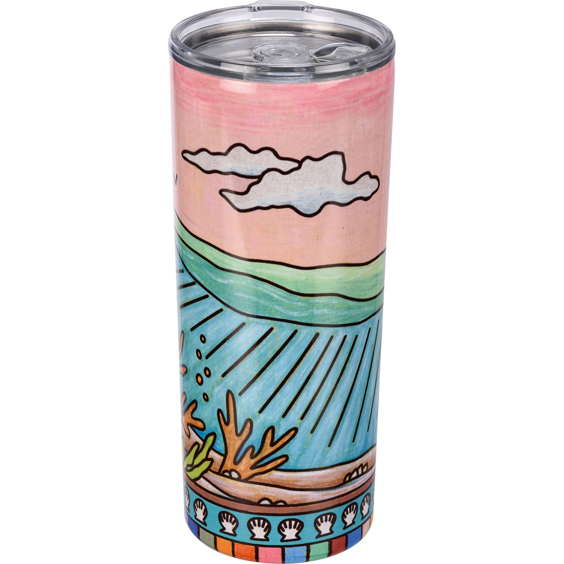 Vibrant Coral Insulated Stainless Steel Coffee Tumbler with Coastal Ocean Design