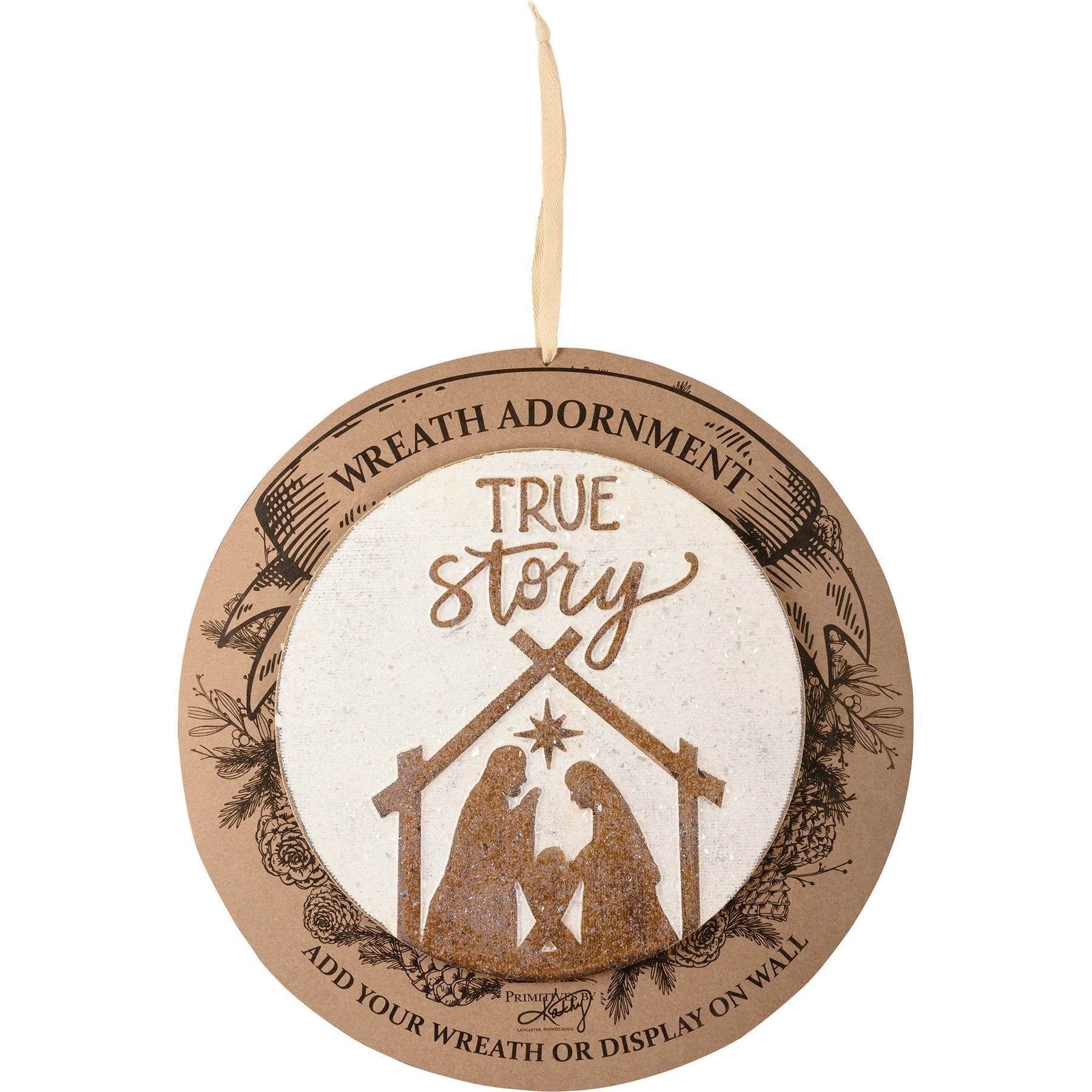 True Story Nativity Wreath Insert - Festive Wooden Christmas Decor with Mica