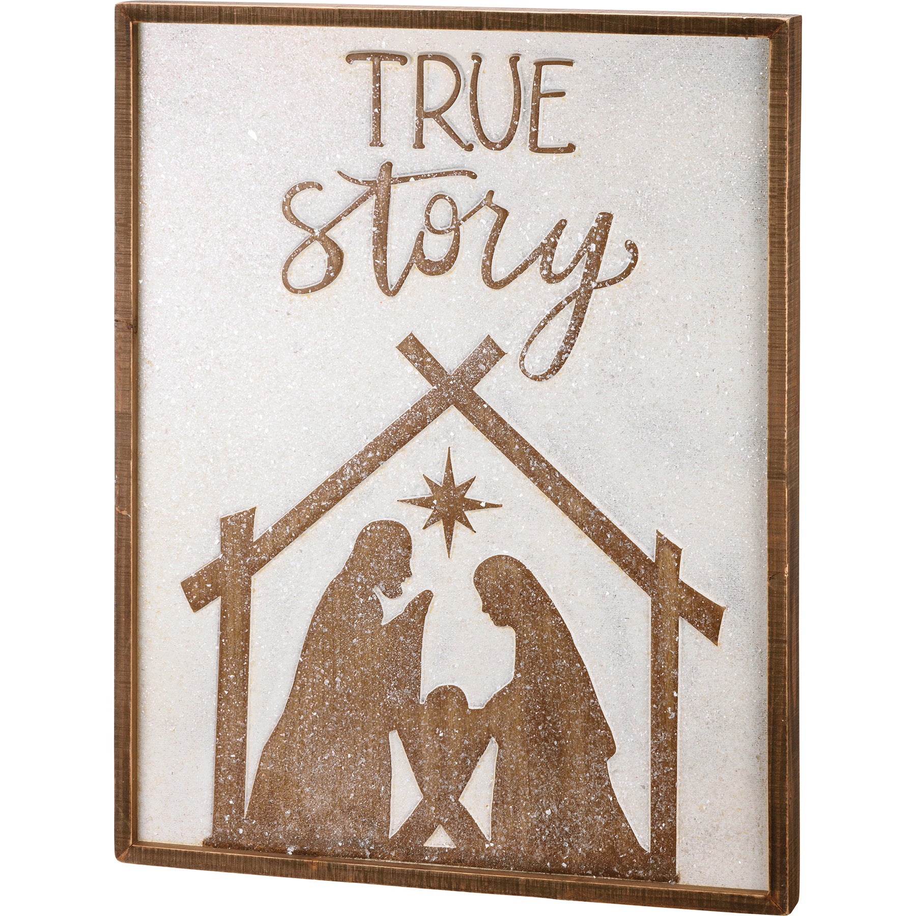 Charming 'True Story' Nativity Wood Inset Box Sign with Snowy Glitter Effect