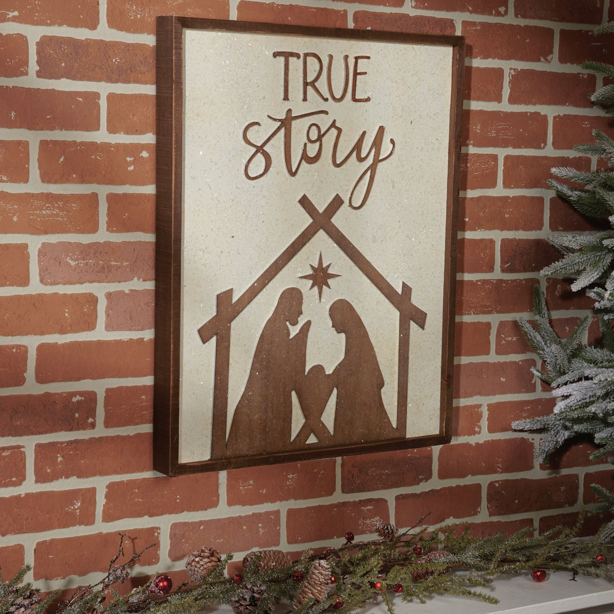 Charming 'True Story' Nativity Wood Inset Box Sign with Snowy Glitter Effect