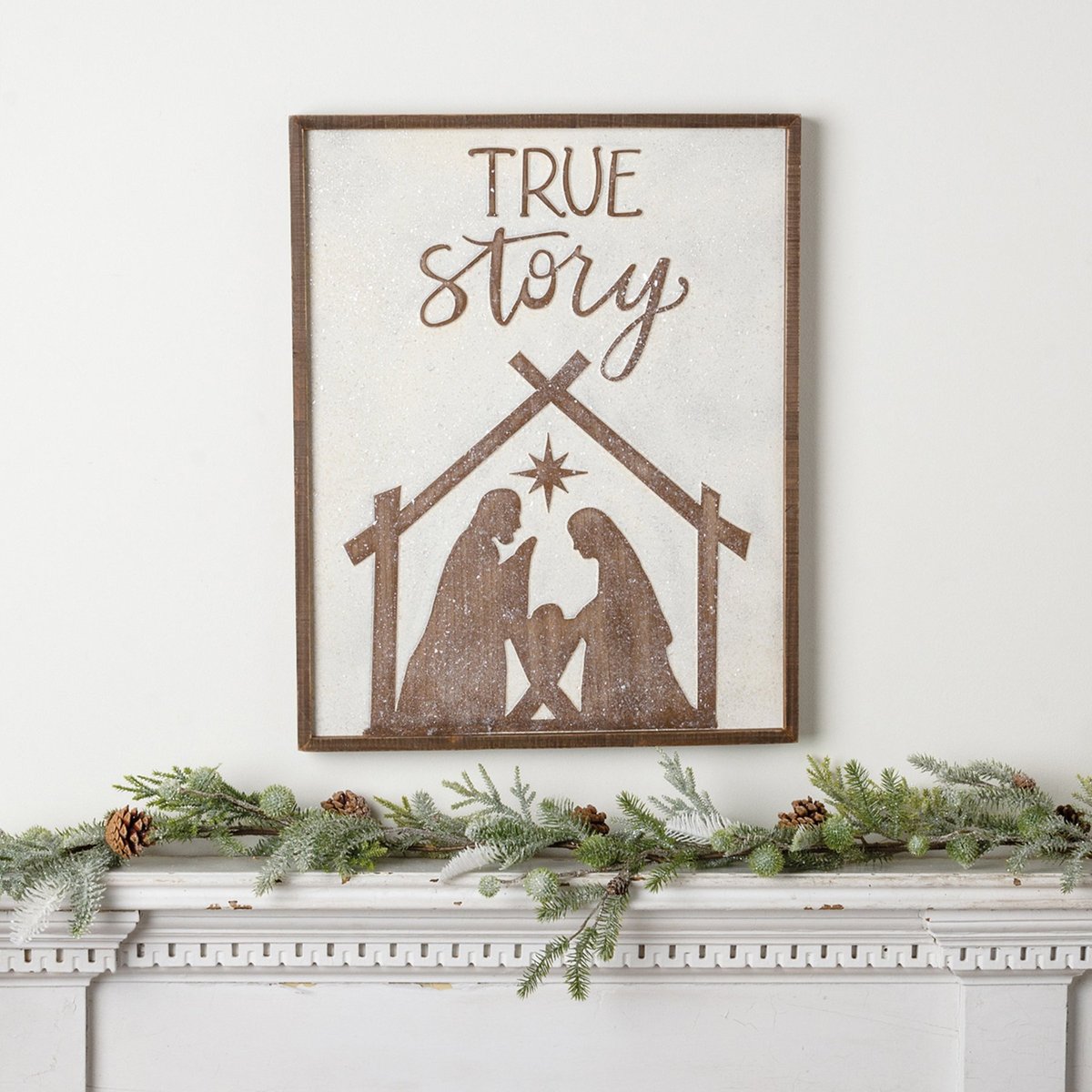 Charming 'True Story' Nativity Wood Inset Box Sign with Snowy Glitter Effect
