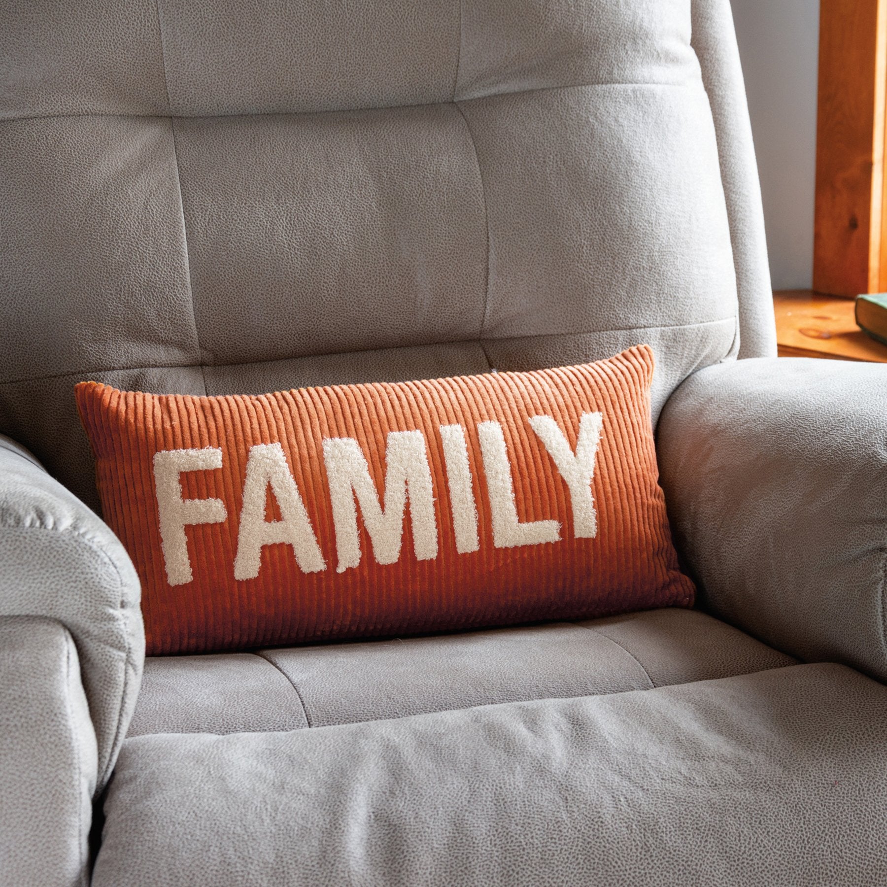 Cozy Corduroy 'Family' Embroidered Decorative Pillow with Zipper Closure