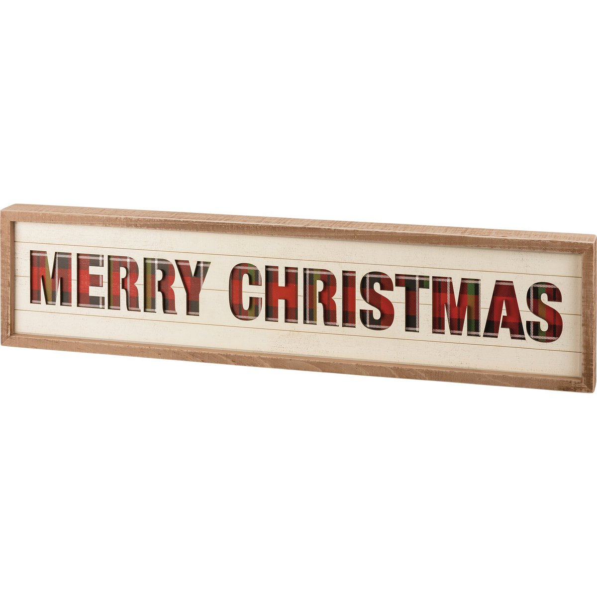 Festive Wooden Inset Slat Box Sign: Merry Christmas Plaid Holiday Decor