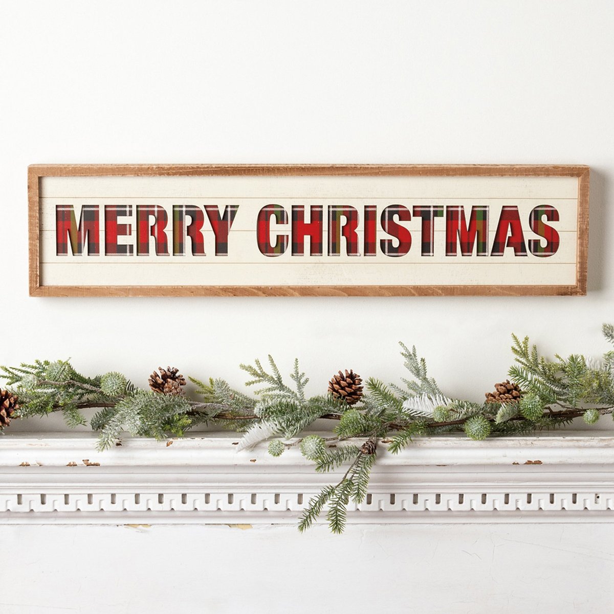 Festive Wooden Inset Slat Box Sign: Merry Christmas Plaid Holiday Decor