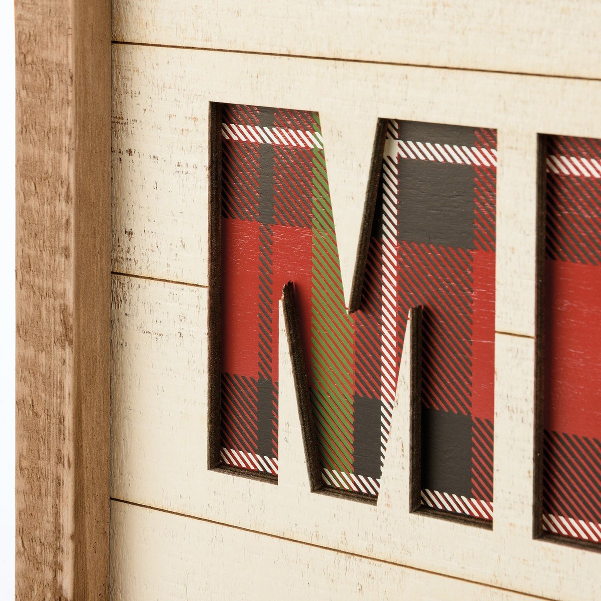 Festive Wooden Inset Slat Box Sign: Merry Christmas Plaid Holiday Decor