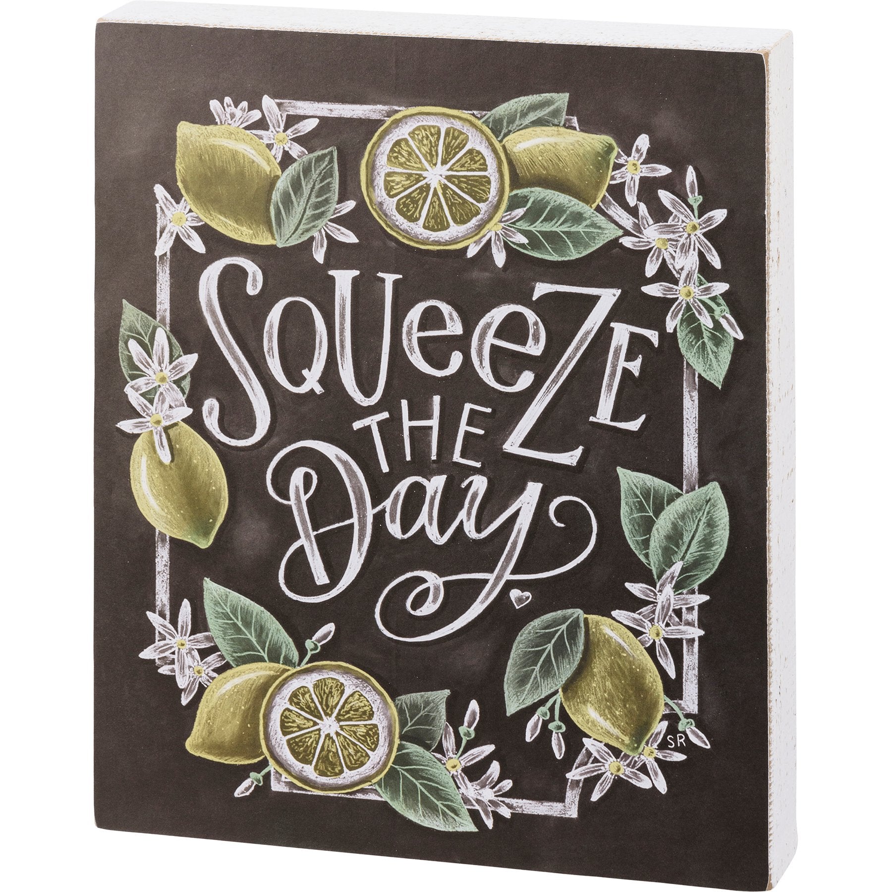Charming 'Squeeze The Day' Lemon Floral Wooden Box Chalk Sign Home Decor