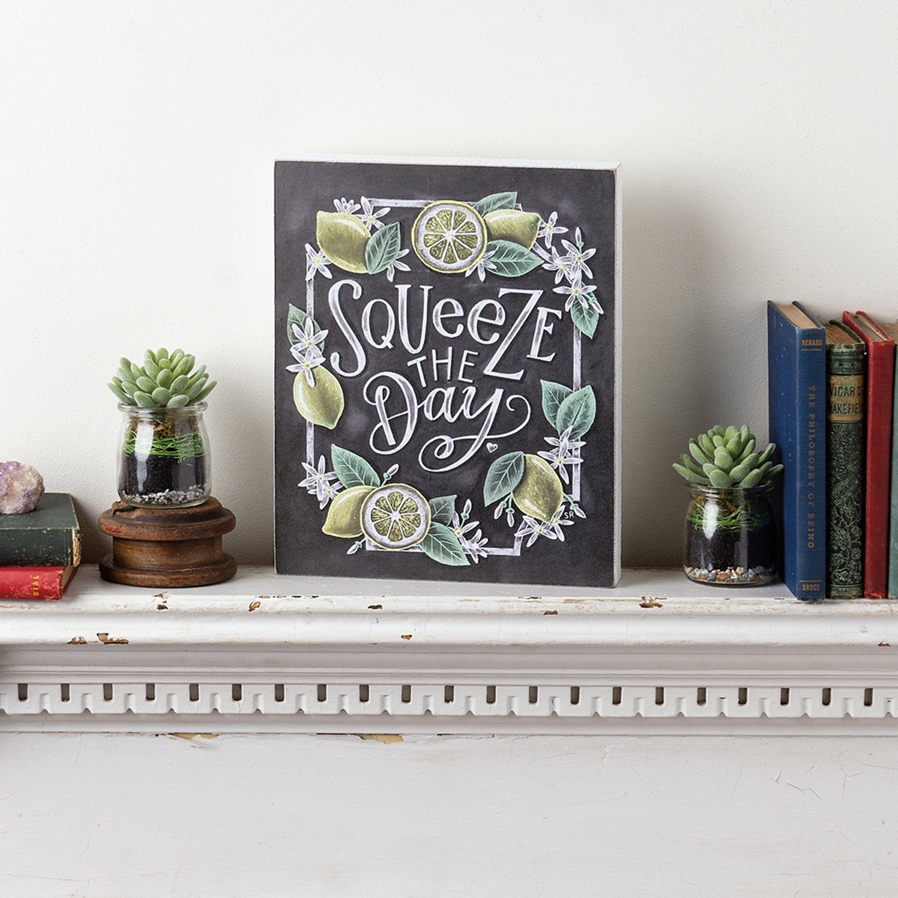 Charming 'Squeeze The Day' Lemon Floral Wooden Box Chalk Sign Home Decor
