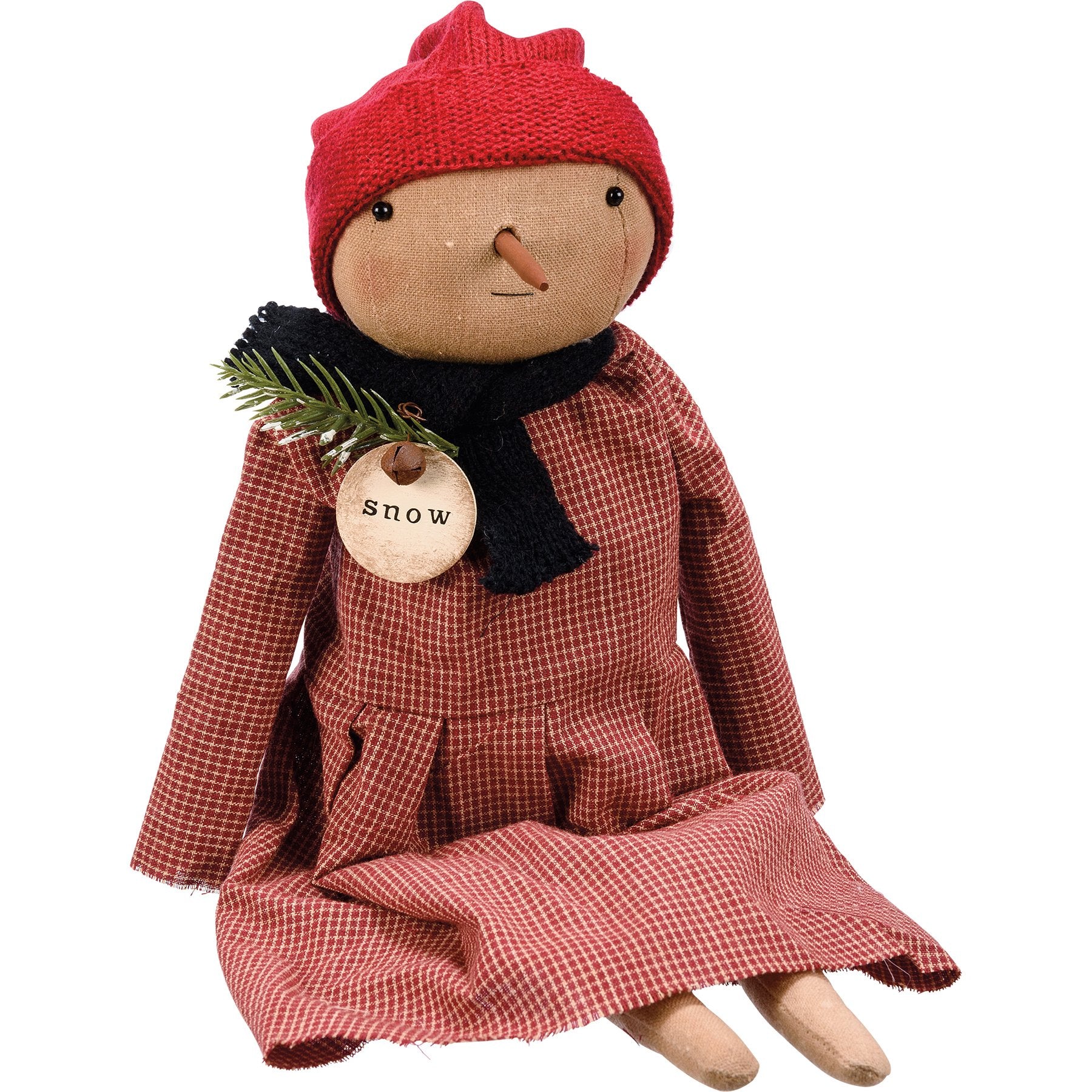 Charming Primitive Sierra Snowgirl Doll with Knit Scarf and Plaid Dress