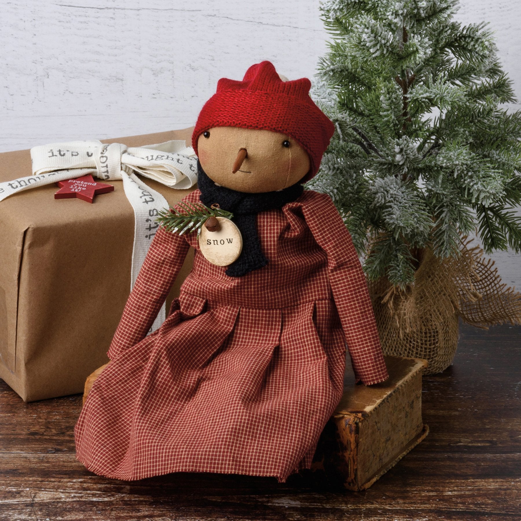 Charming Primitive Sierra Snowgirl Doll with Knit Scarf and Plaid Dress