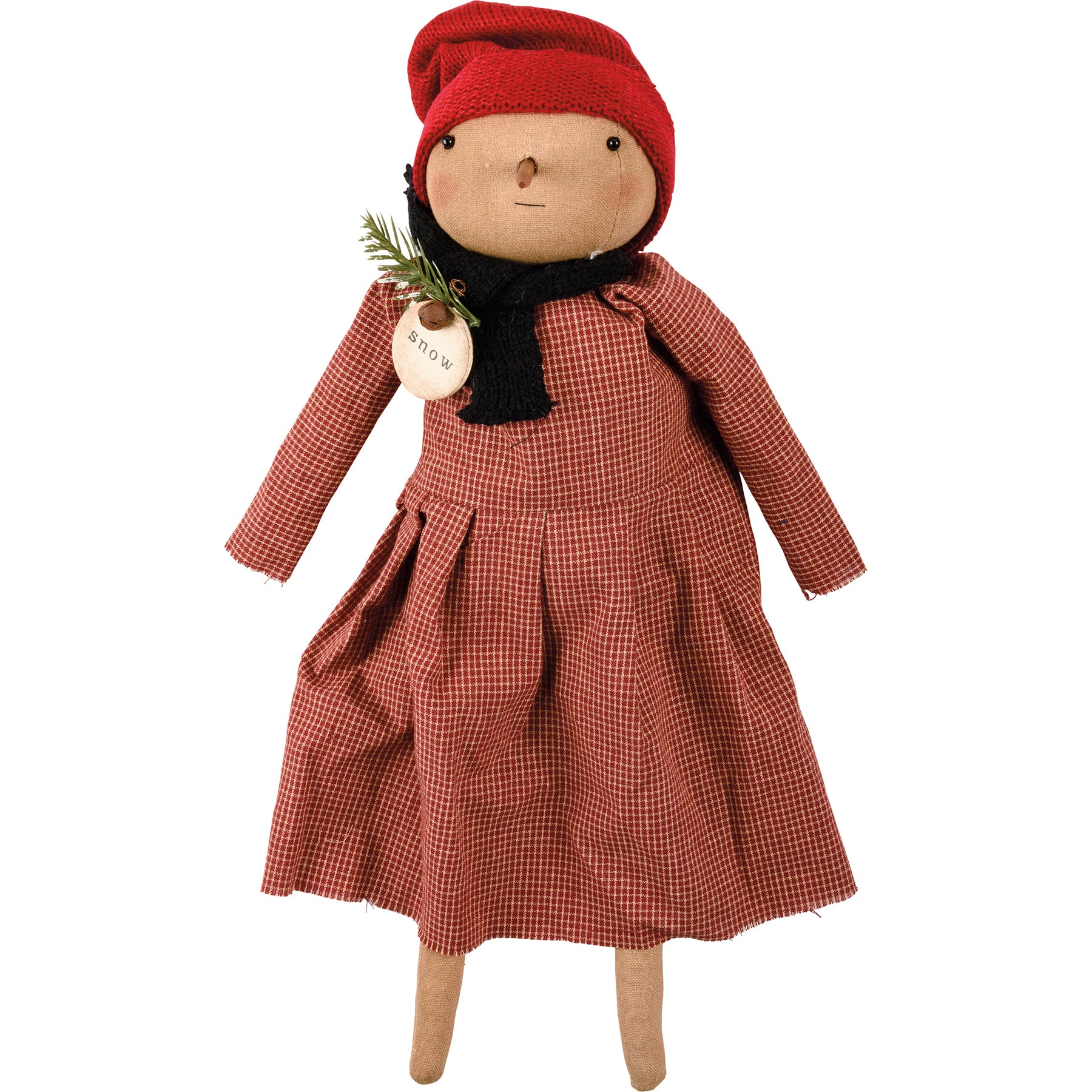 Charming Primitive Sierra Snowgirl Doll with Knit Scarf and Plaid Dress