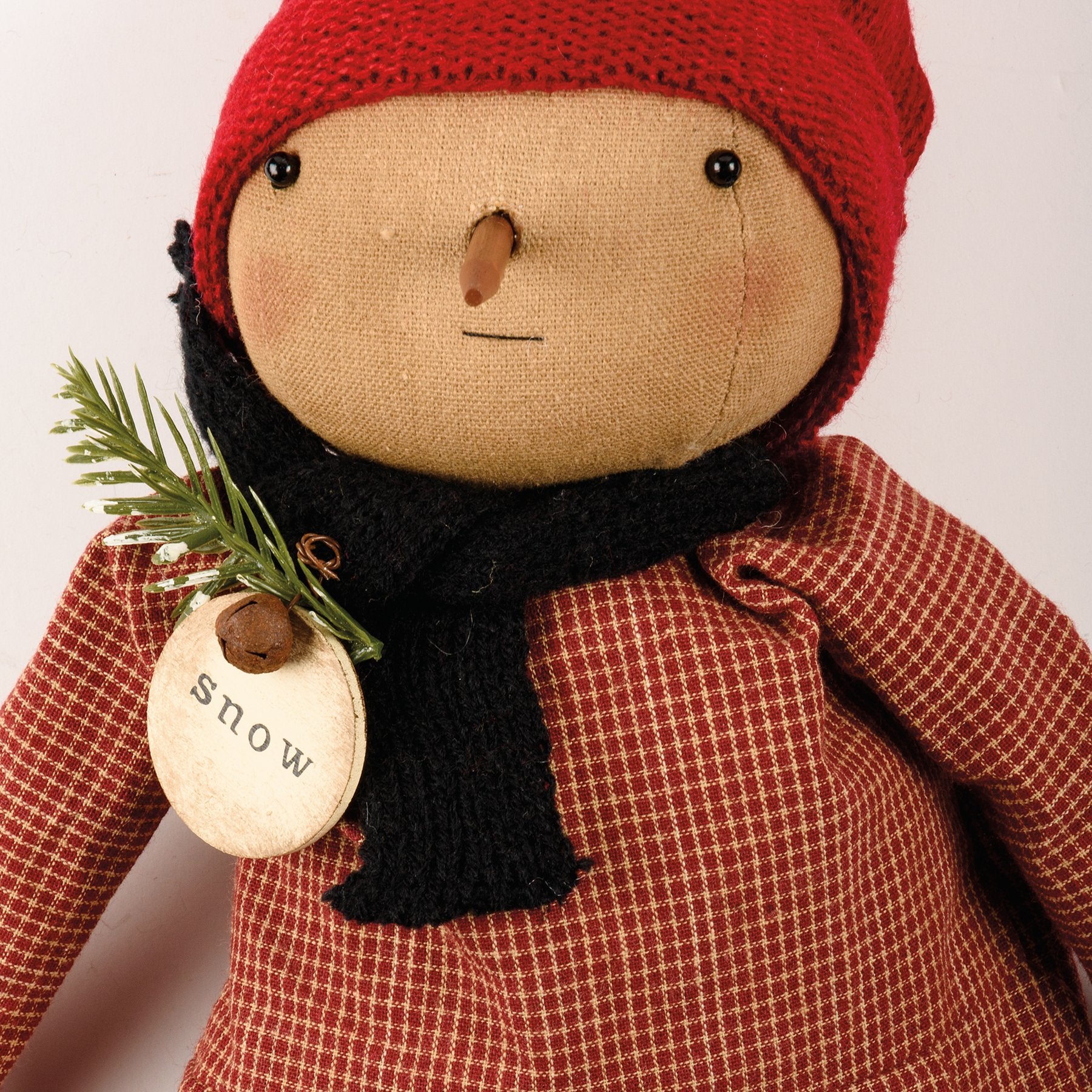 Charming Primitive Sierra Snowgirl Doll with Knit Scarf and Plaid Dress