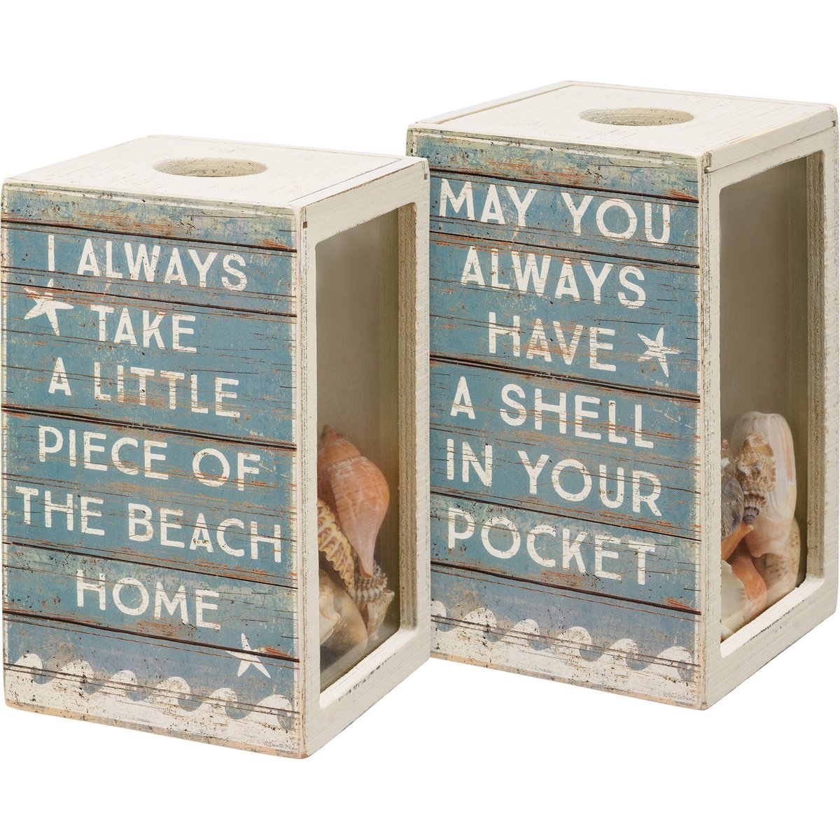 Rustic Wooden Seashell Holder with Inspiring Ocean Quotes and Glass Panels