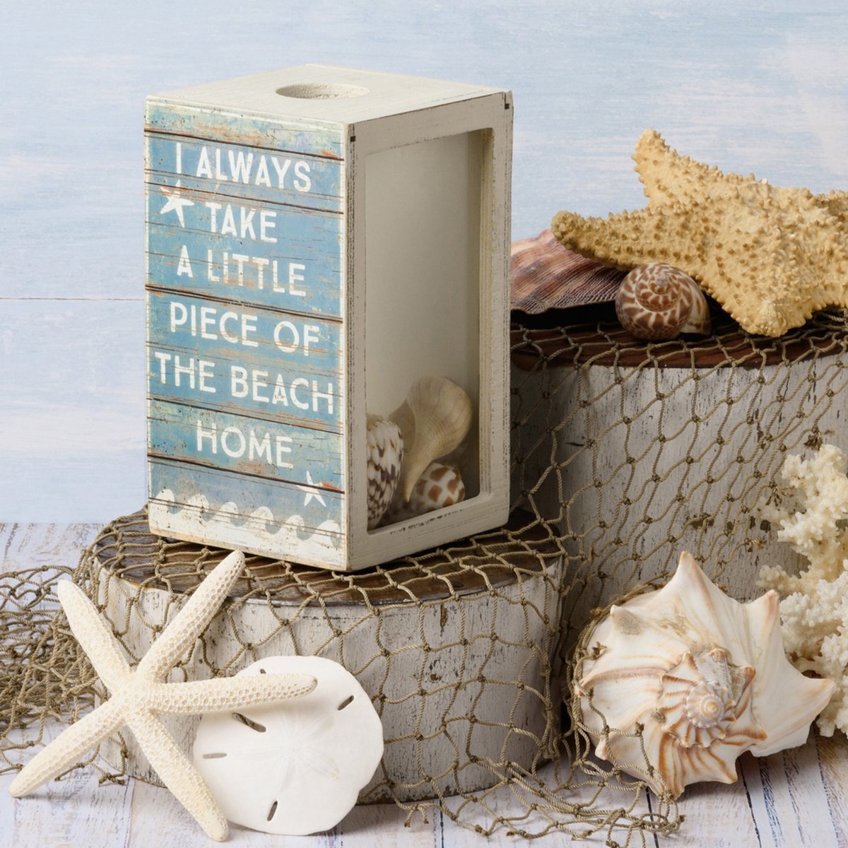 Rustic Wooden Seashell Holder with Inspiring Ocean Quotes and Glass Panels