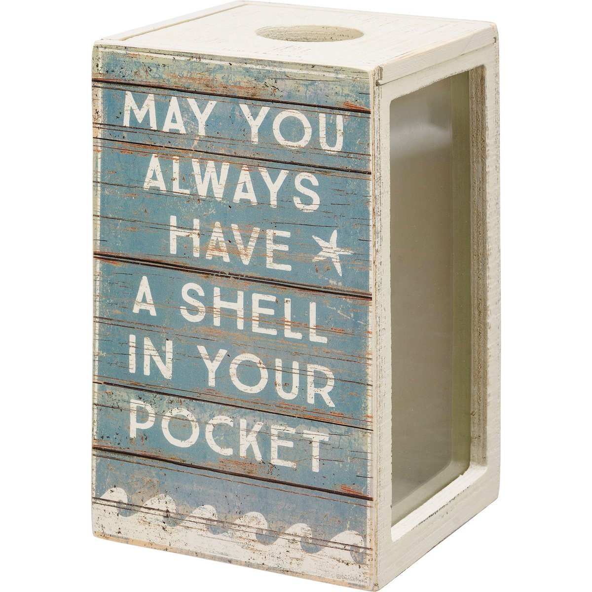 Rustic Wooden Seashell Holder with Inspiring Ocean Quotes and Glass Panels