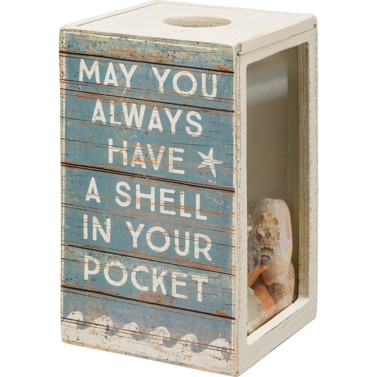 Rustic Wooden Seashell Holder with Inspiring Ocean Quotes and Glass Panels
