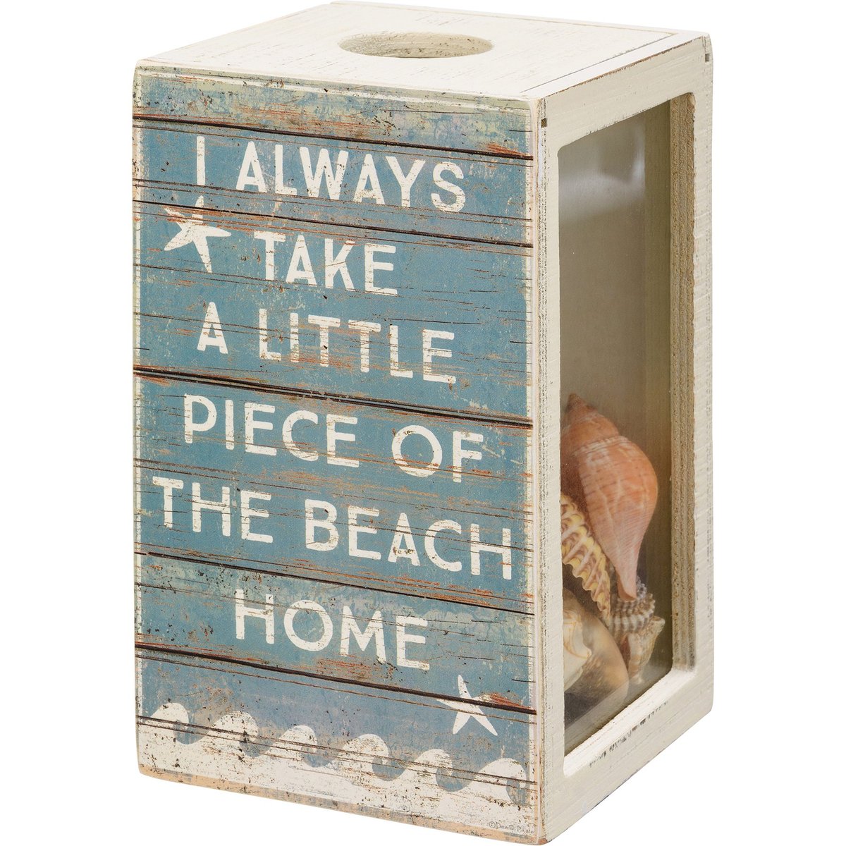 Rustic Wooden Seashell Holder with Inspiring Ocean Quotes and Glass Panels