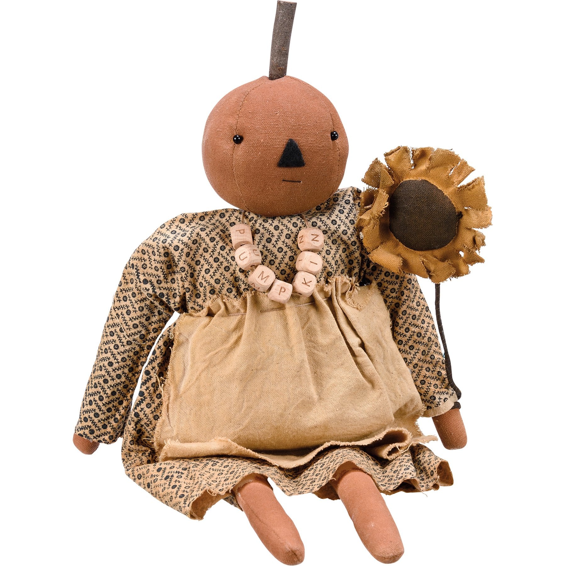 Charming Primitive Sunflower Susie Doll with Pumpkin Bead Necklace Accent