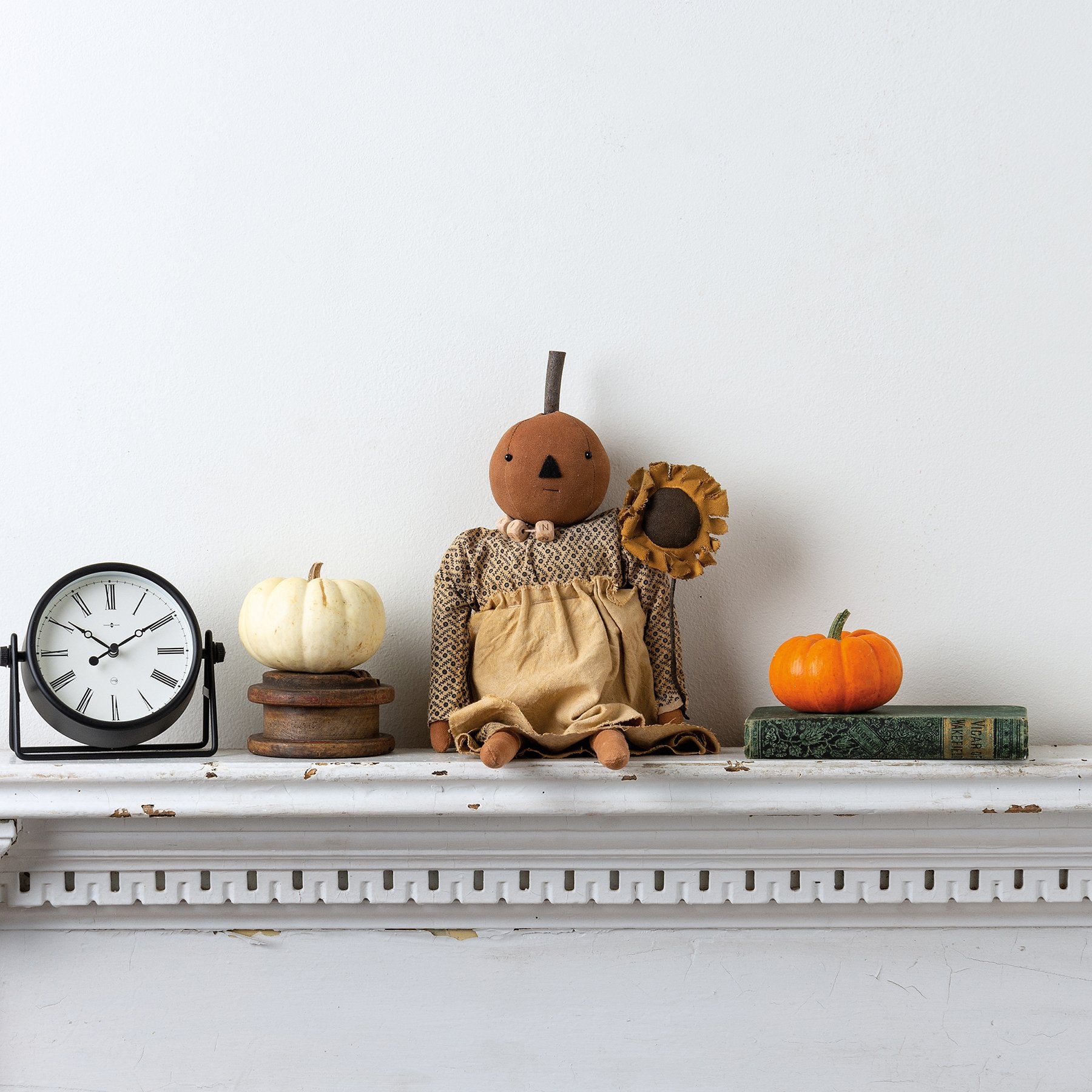 Charming Primitive Sunflower Susie Doll with Pumpkin Bead Necklace Accent