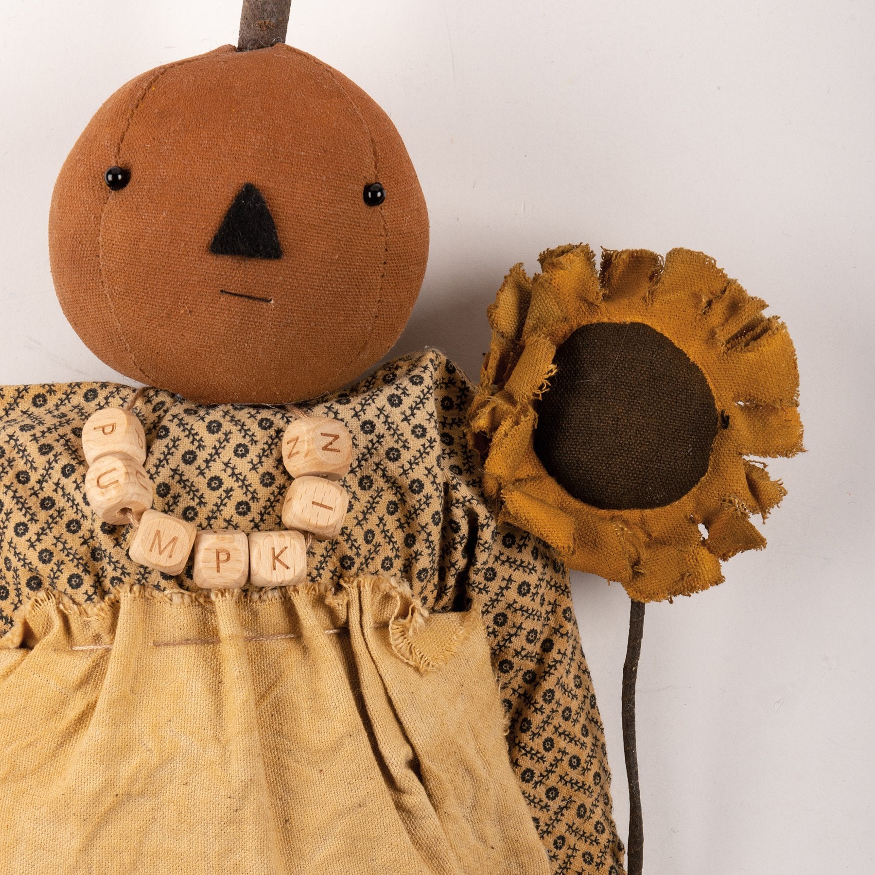 Charming Primitive Sunflower Susie Doll with Pumpkin Bead Necklace Accent