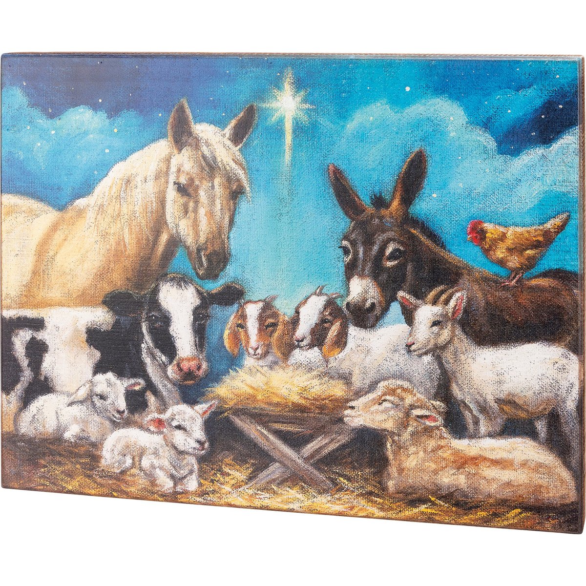 Rustic Wooden Nativity Box Sign - Farm Animal Burlap Canvas Christmas Decor